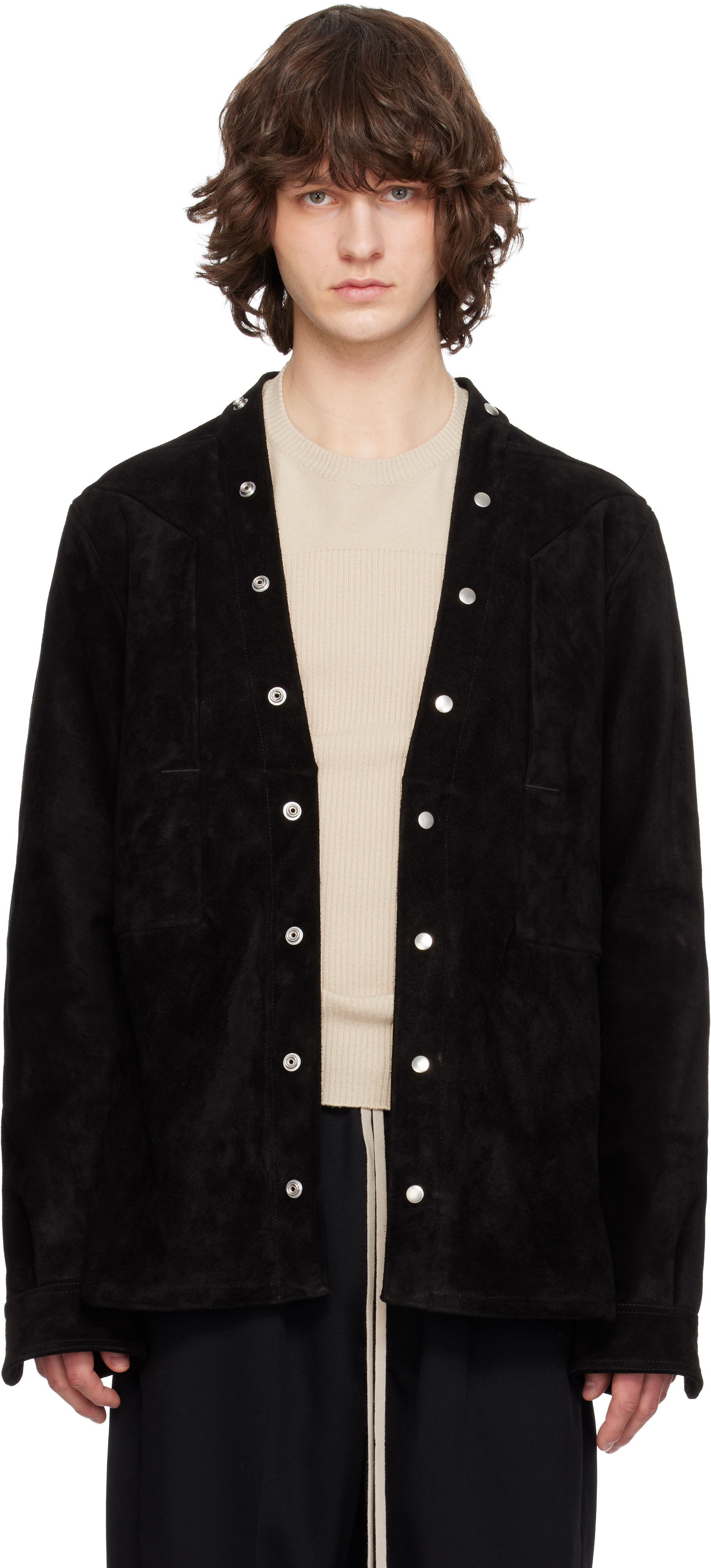 Black Concordians Larry Fogpocket Leather Overshirt by Rick Owens