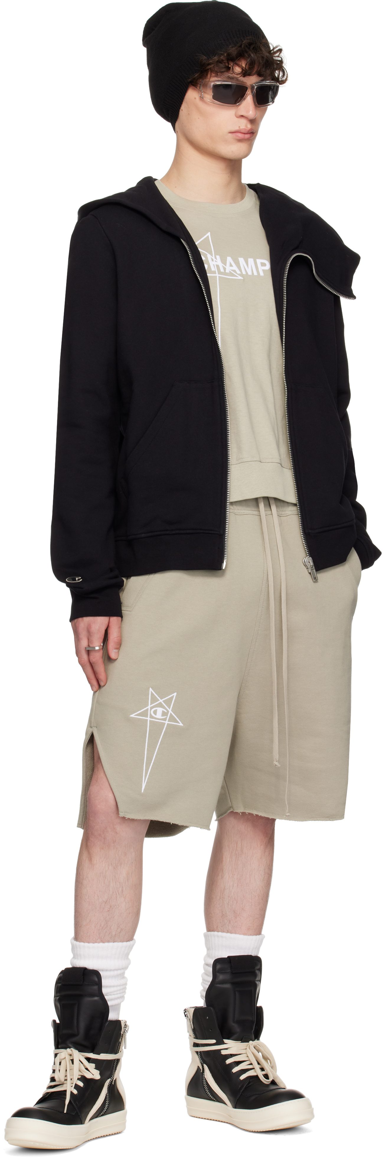 Rick Owens Off-white Champion Edition Beveled Pods Shorts In Neutral