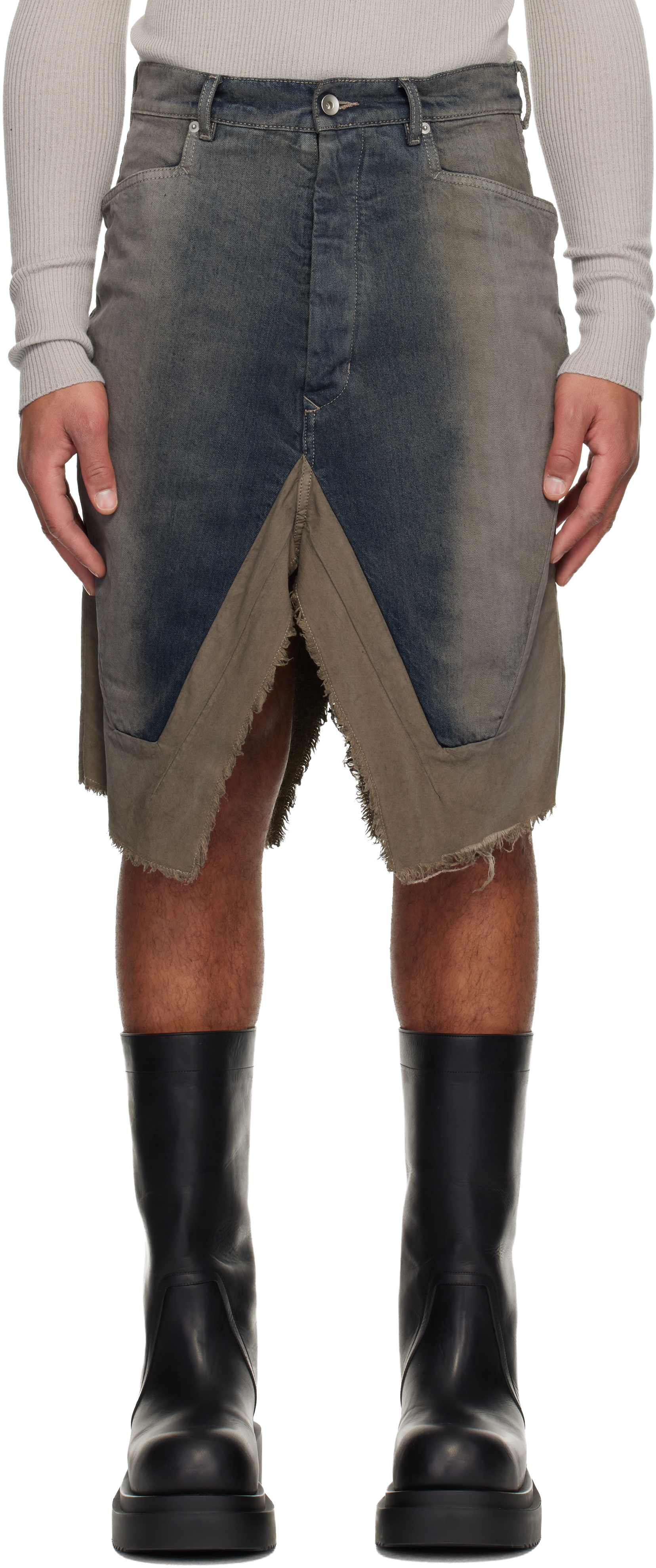 Gray Concordians Slivered Denim Midi Skirt by Rick Owens on Sale