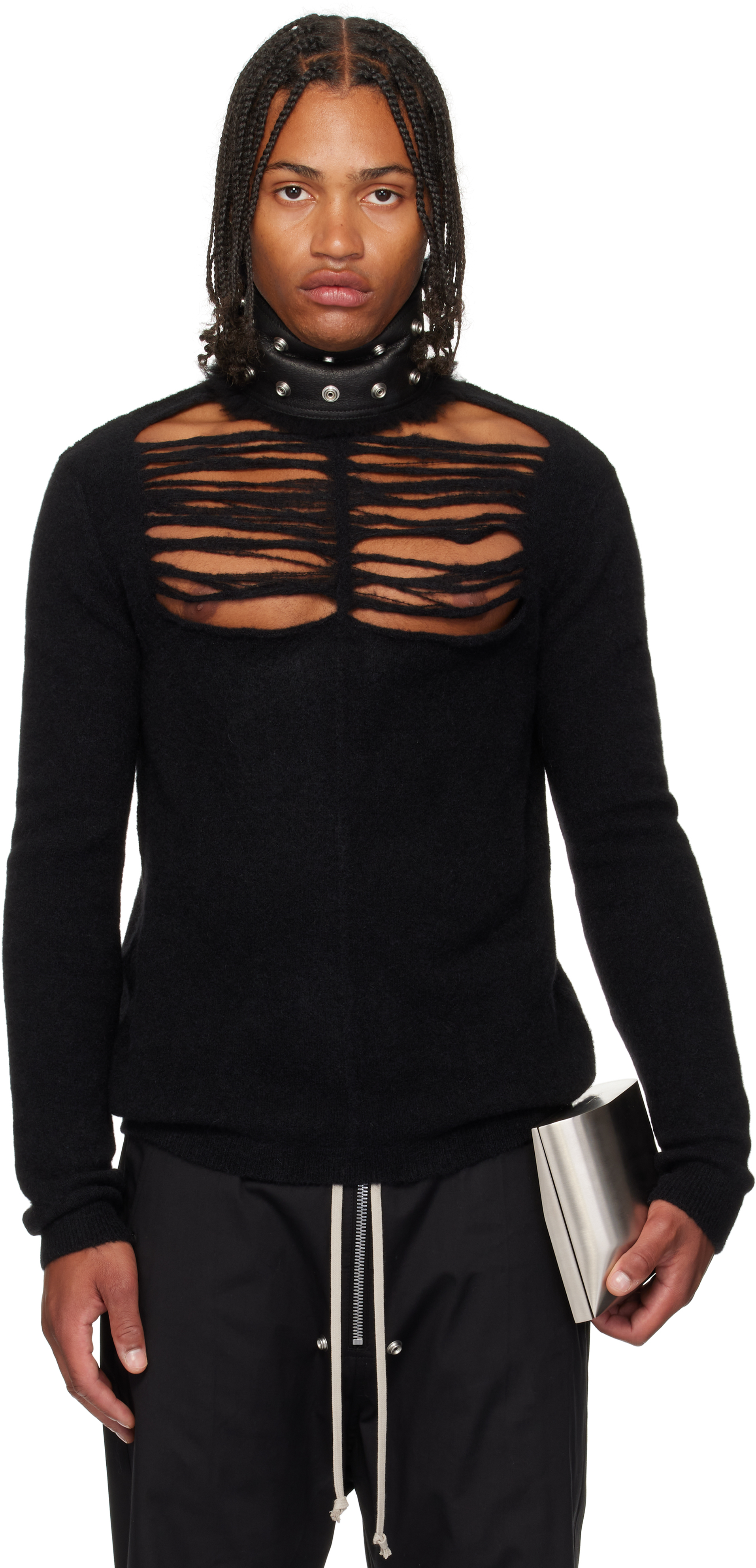 Rick Owens Black Concordians Ls Grid Knit Sweater In Black