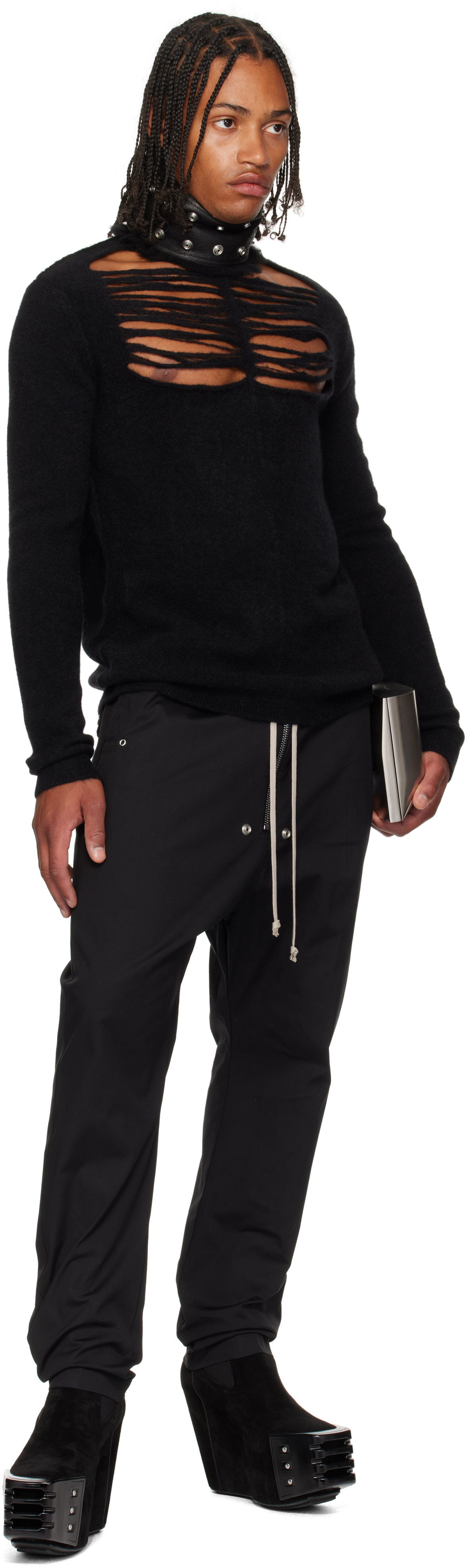 Rick Owens Black Concordians Ls Grid Knit Sweater In Black