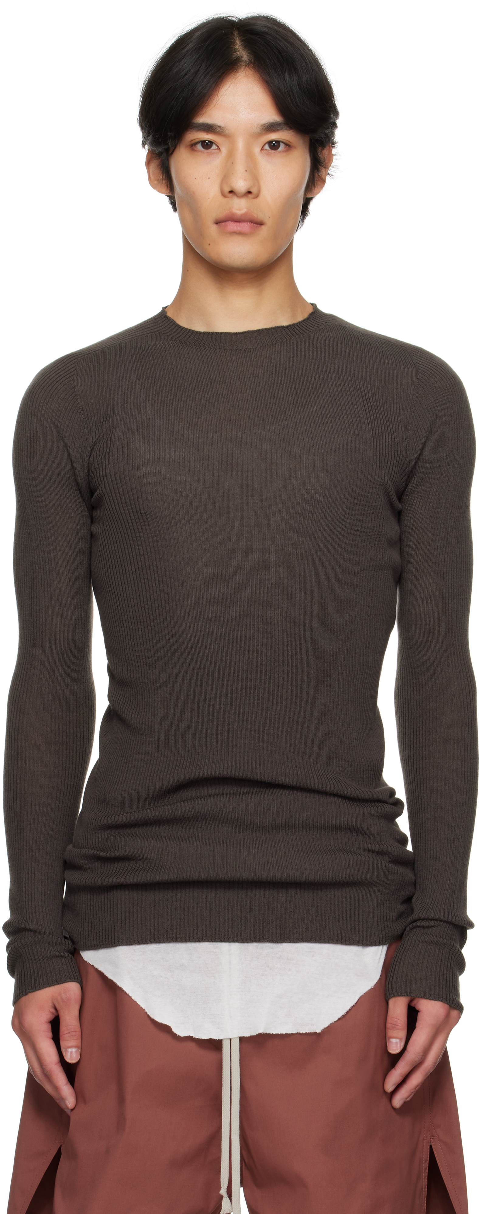 Rick Owens Gray Concordians Ribbed Round Neck Sweater In Brown