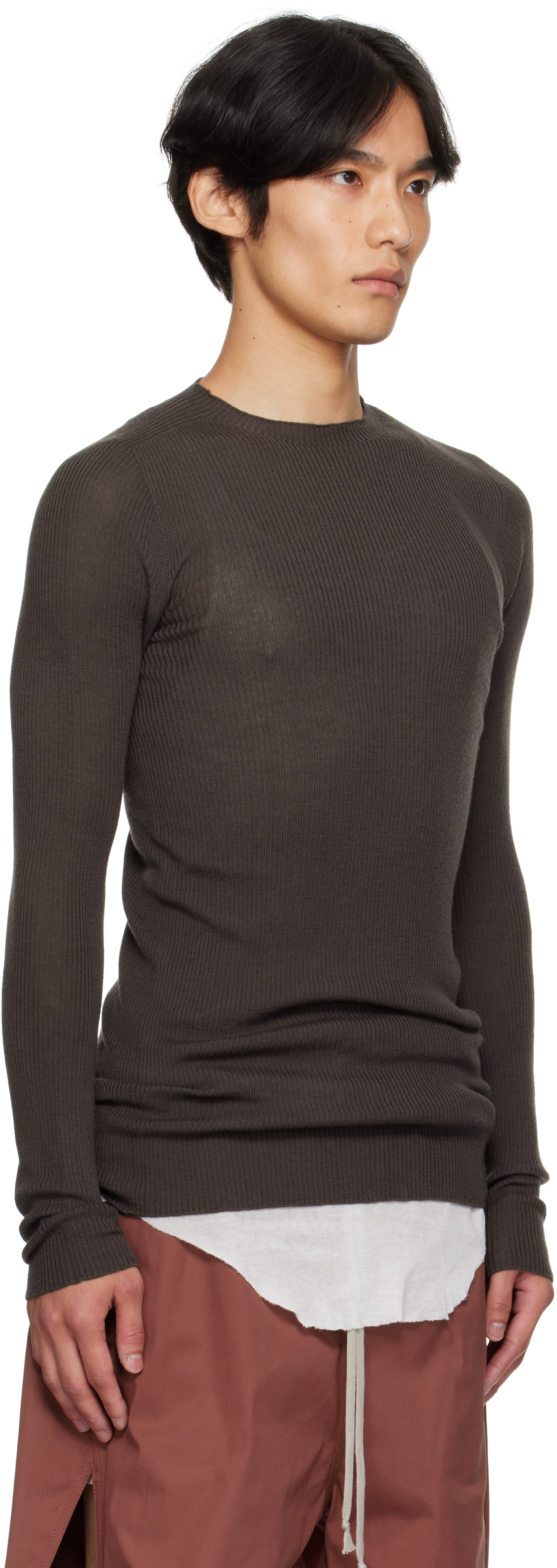 Rick Owens Gray Concordians Ribbed Round Neck Sweater In Brown