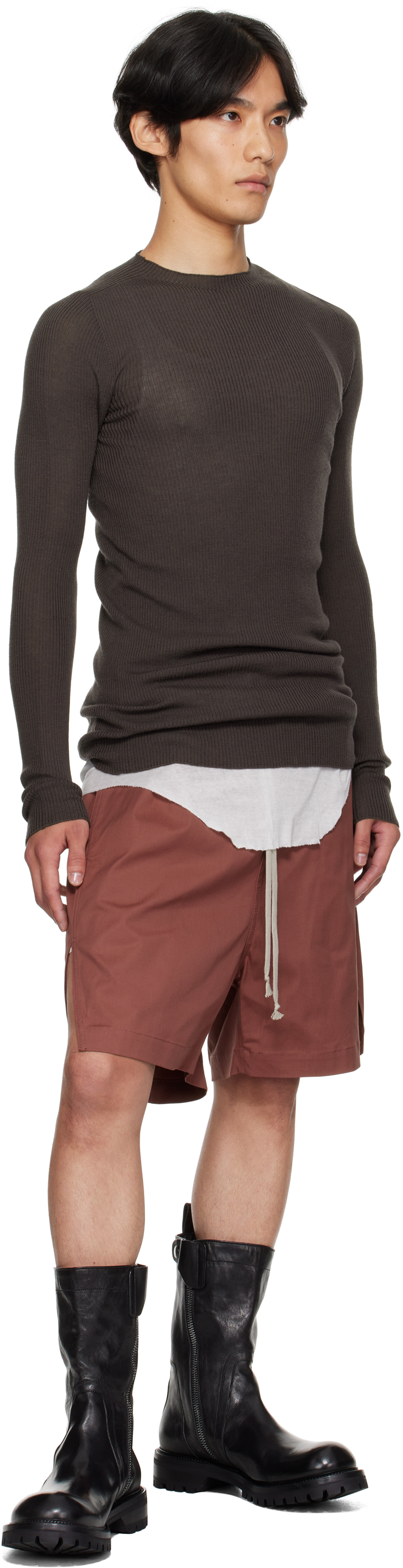 Rick Owens Gray Concordians Ribbed Round Neck Sweater In Brown