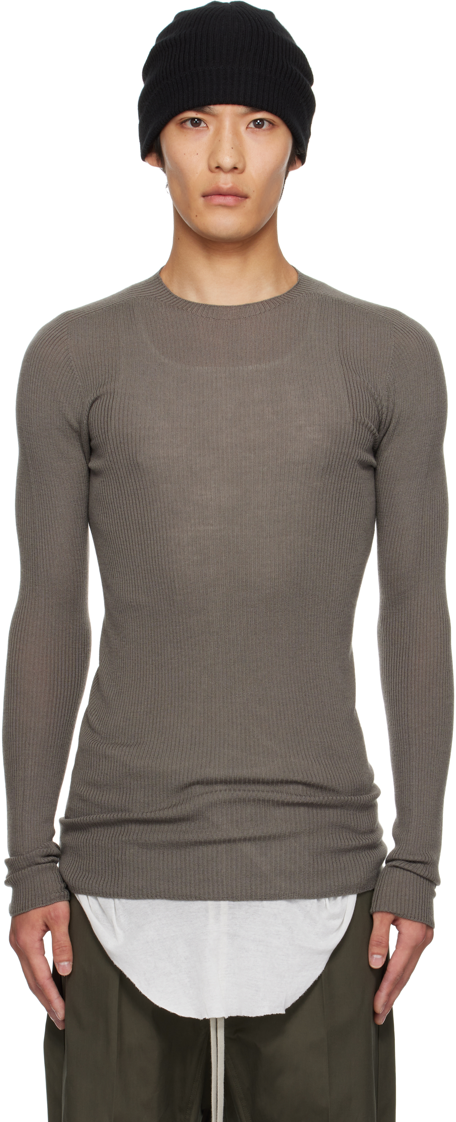 Rick Owens Gray Concordians Ribbed Round Neck Sweater In Sand