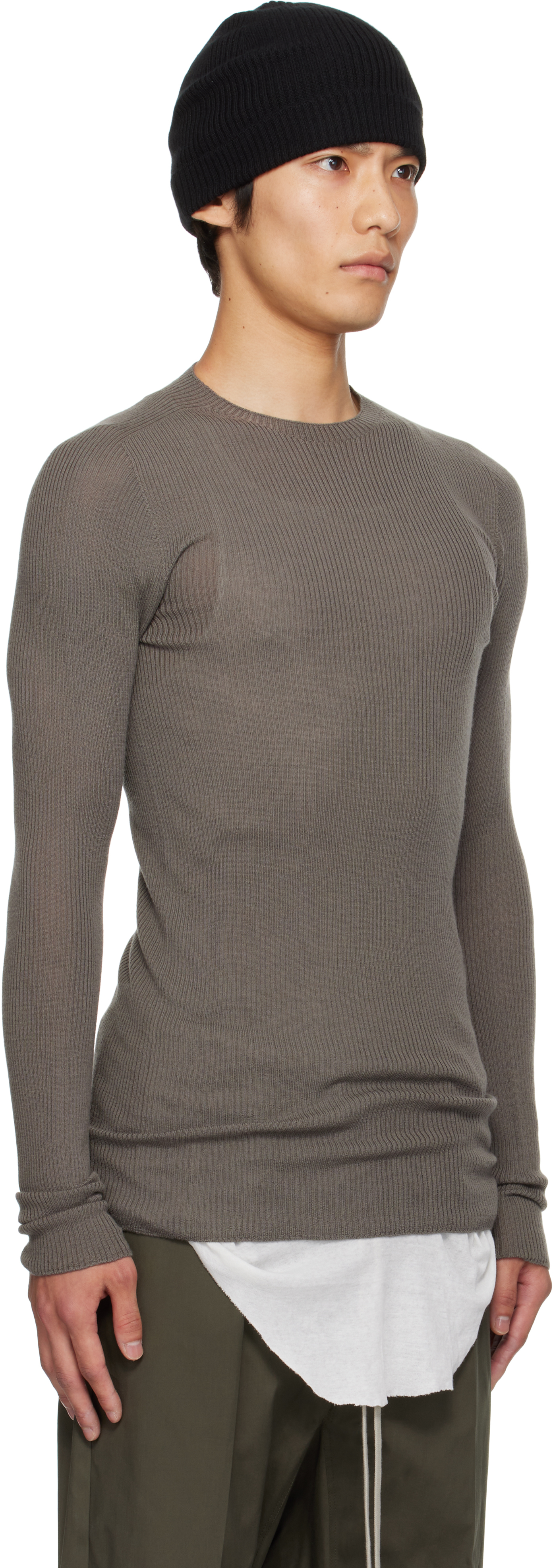 Rick Owens Gray Concordians Ribbed Round Neck Sweater In Sand