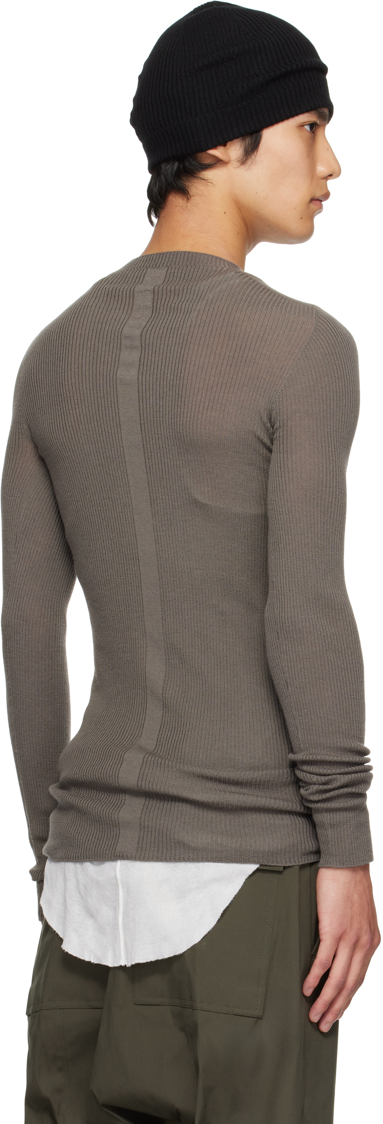 Rick Owens Gray Concordians Ribbed Round Neck Sweater In Sand