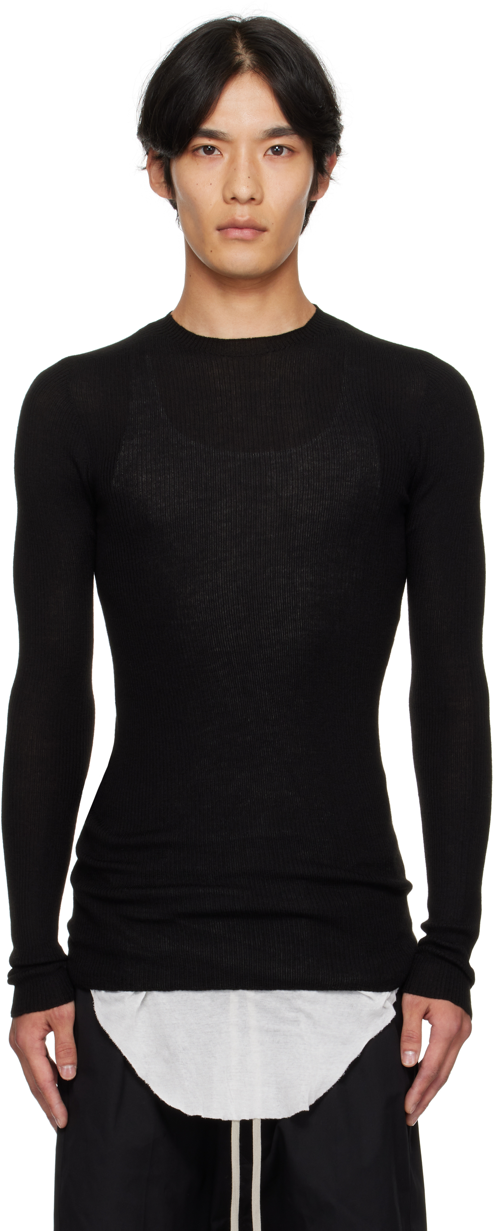 Rick Owens Black Concordians Ribbed Round Neck Sweater In Black