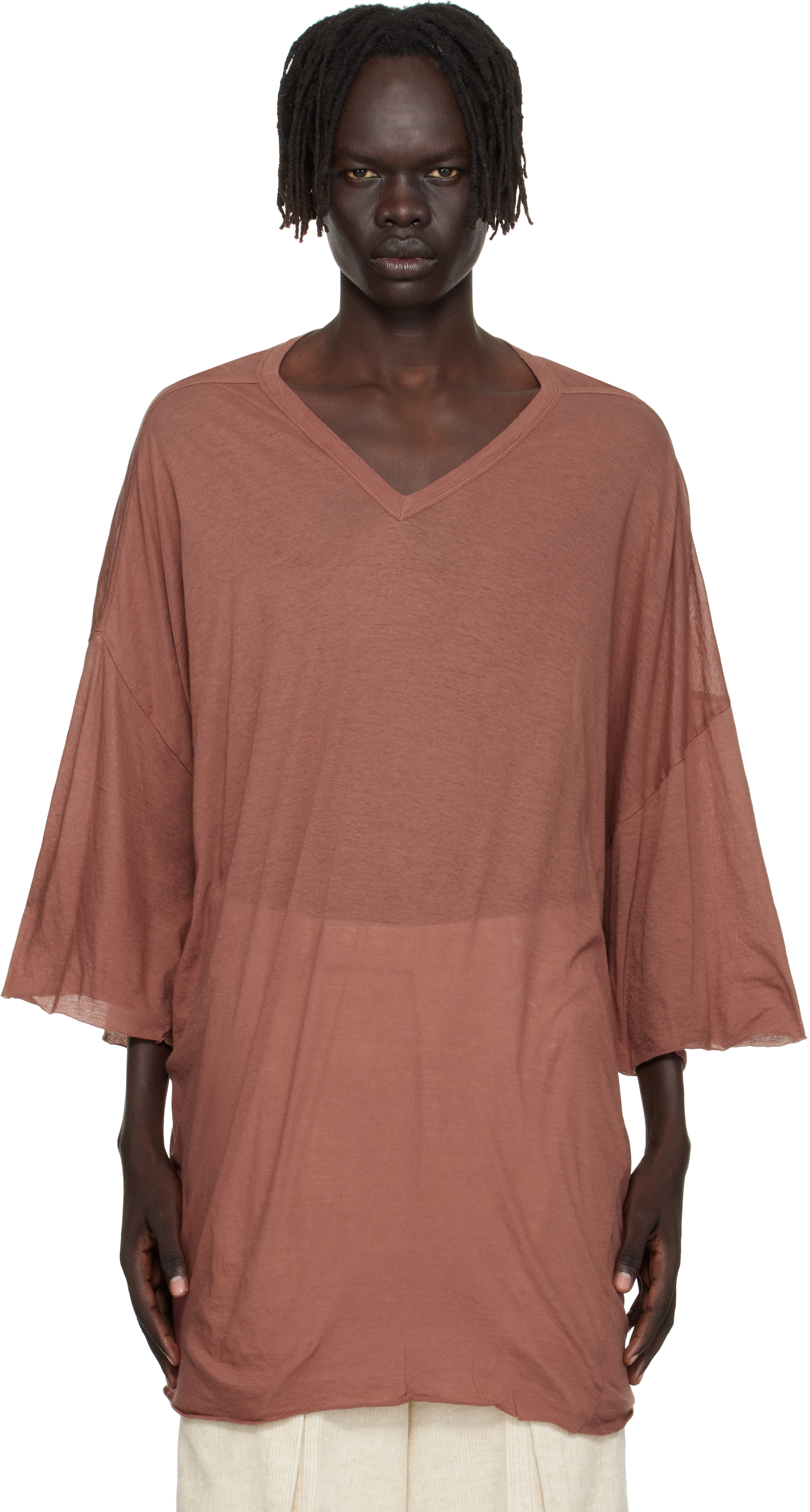 Rick Owens 淡いピンク Vネック Tシャツ Pink Concordians V Tommy T-shirt by Rick Owens on Sale