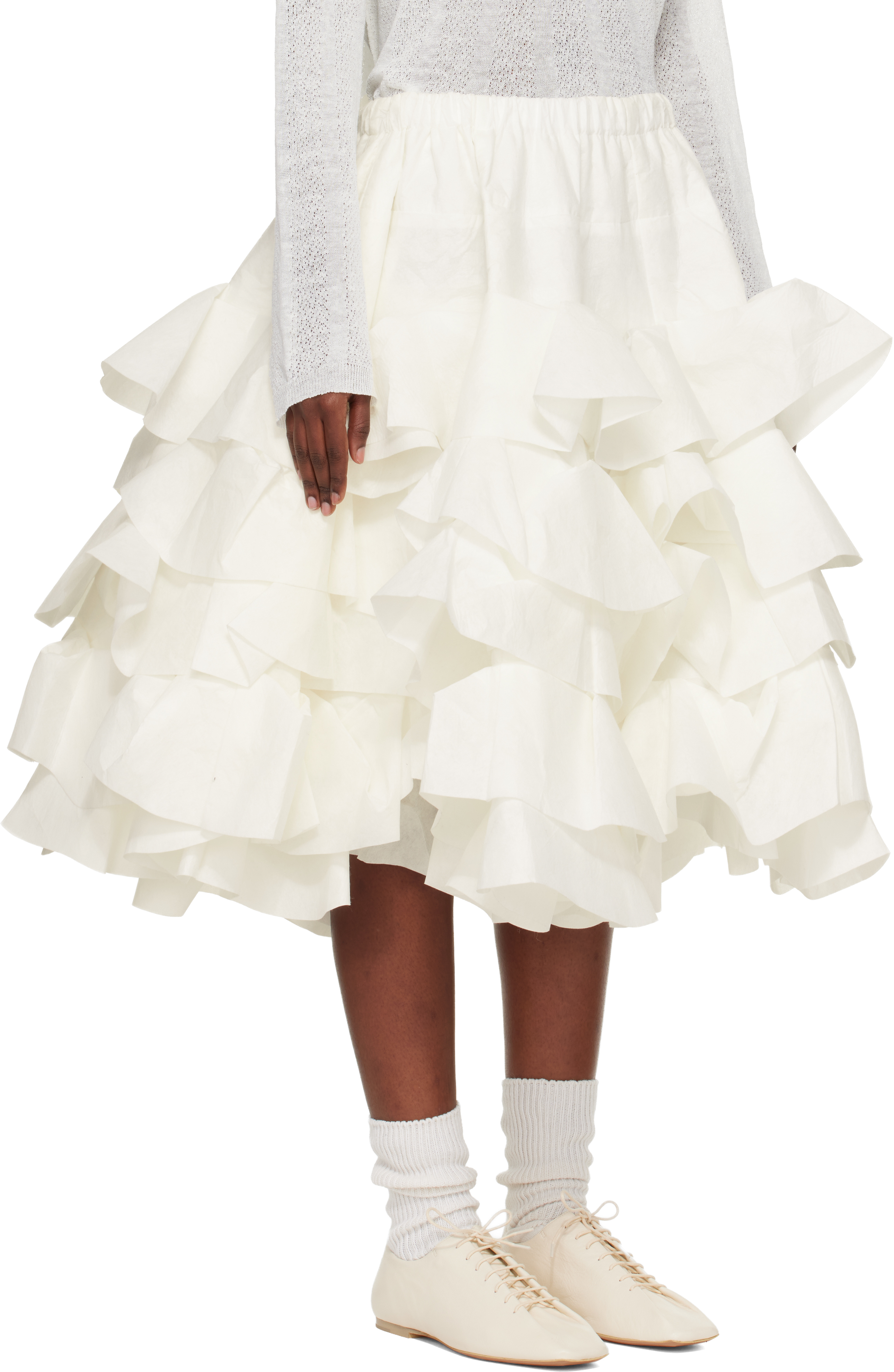 Tao Comme Des Garçons White Polyester Rayon Tiered Midi Skirt In White