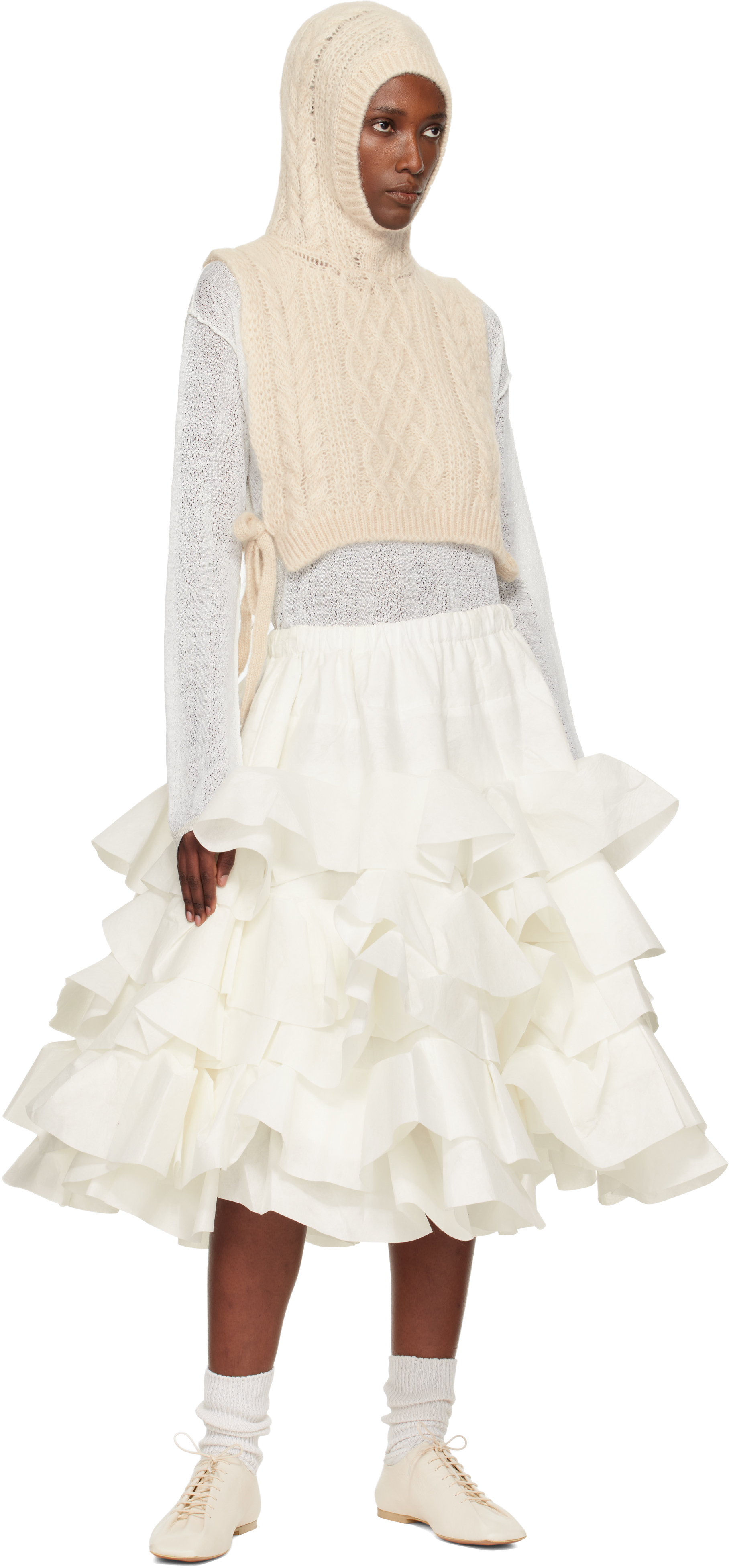 Tao Comme Des Garçons White Polyester Rayon Tiered Midi Skirt In White