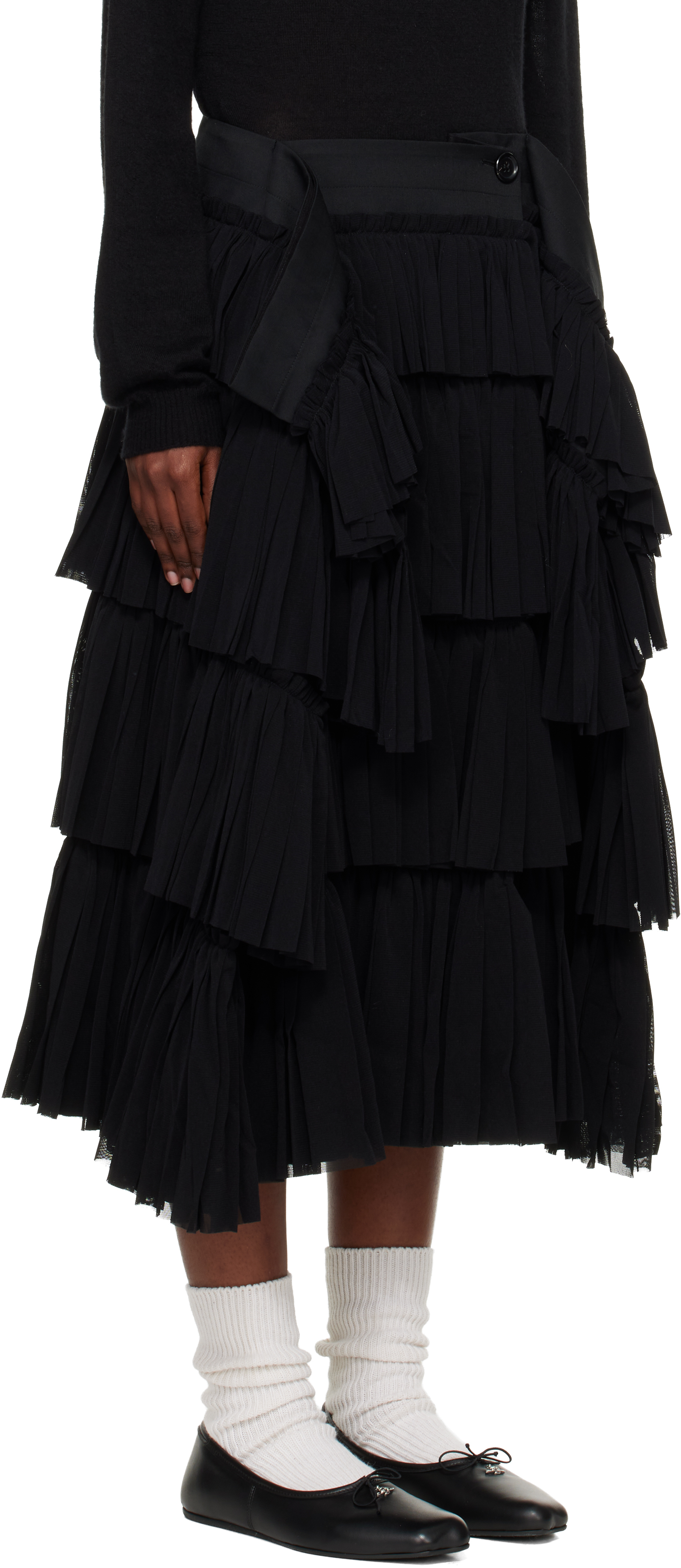 Tao Comme Des Garçons Black Pleated Yarn Dyed Tulle Midi Skirt In Black