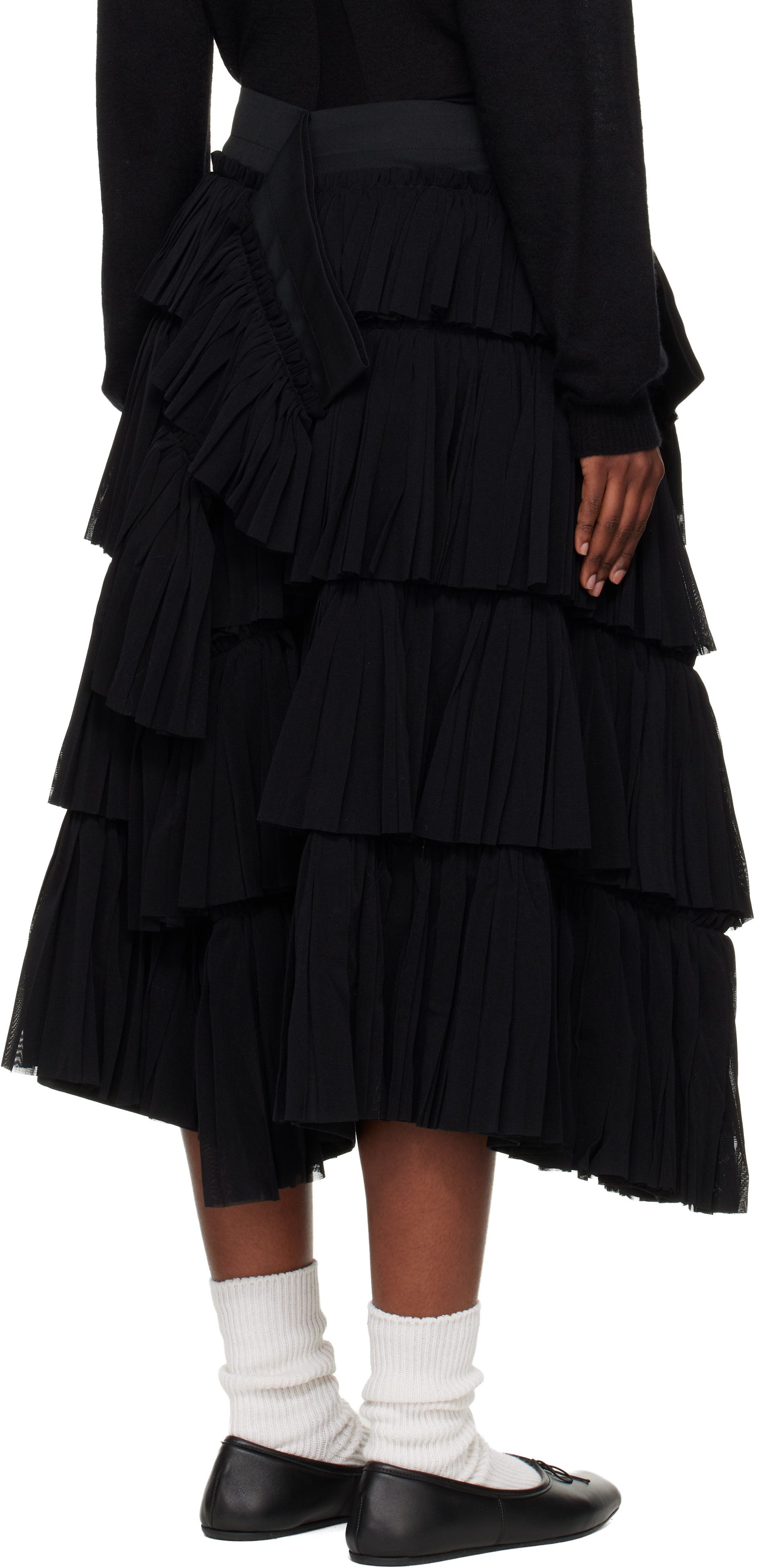 Tao Comme Des Garçons Black Pleated Yarn Dyed Tulle Midi Skirt In Black