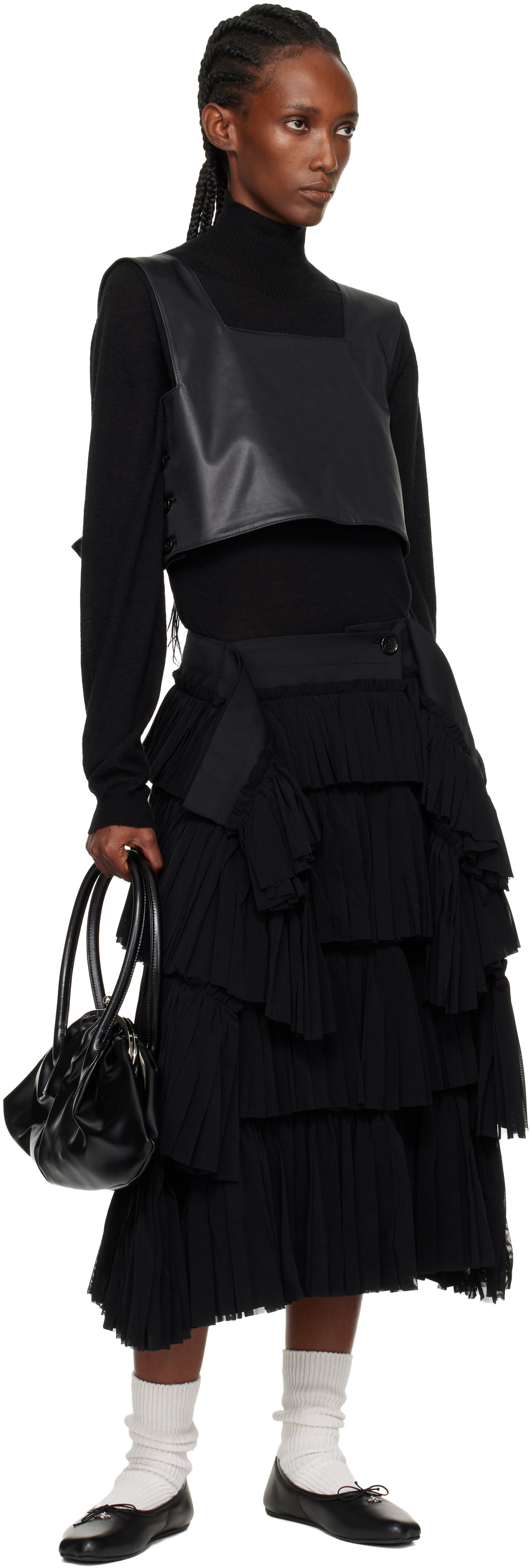 Tao Comme Des Garçons Black Pleated Yarn Dyed Tulle Midi Skirt In Black