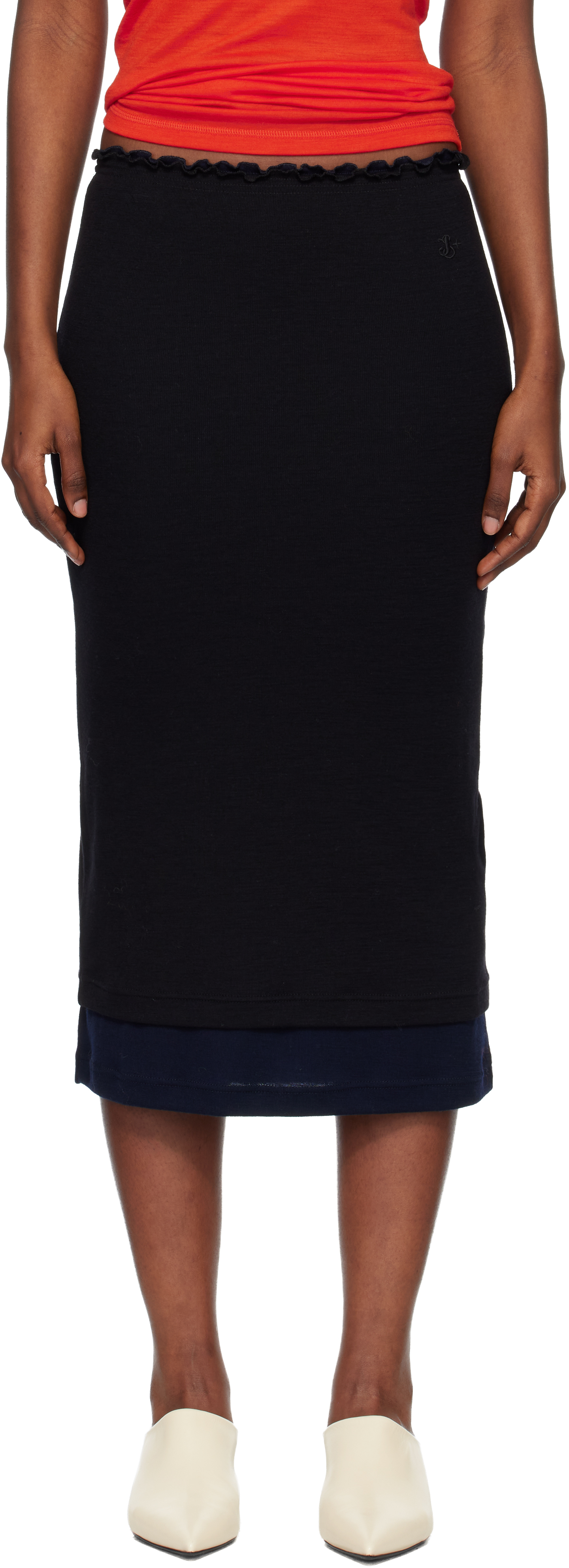 Jil Sander Black Lightweight Wool Layered Midi Skirts Set