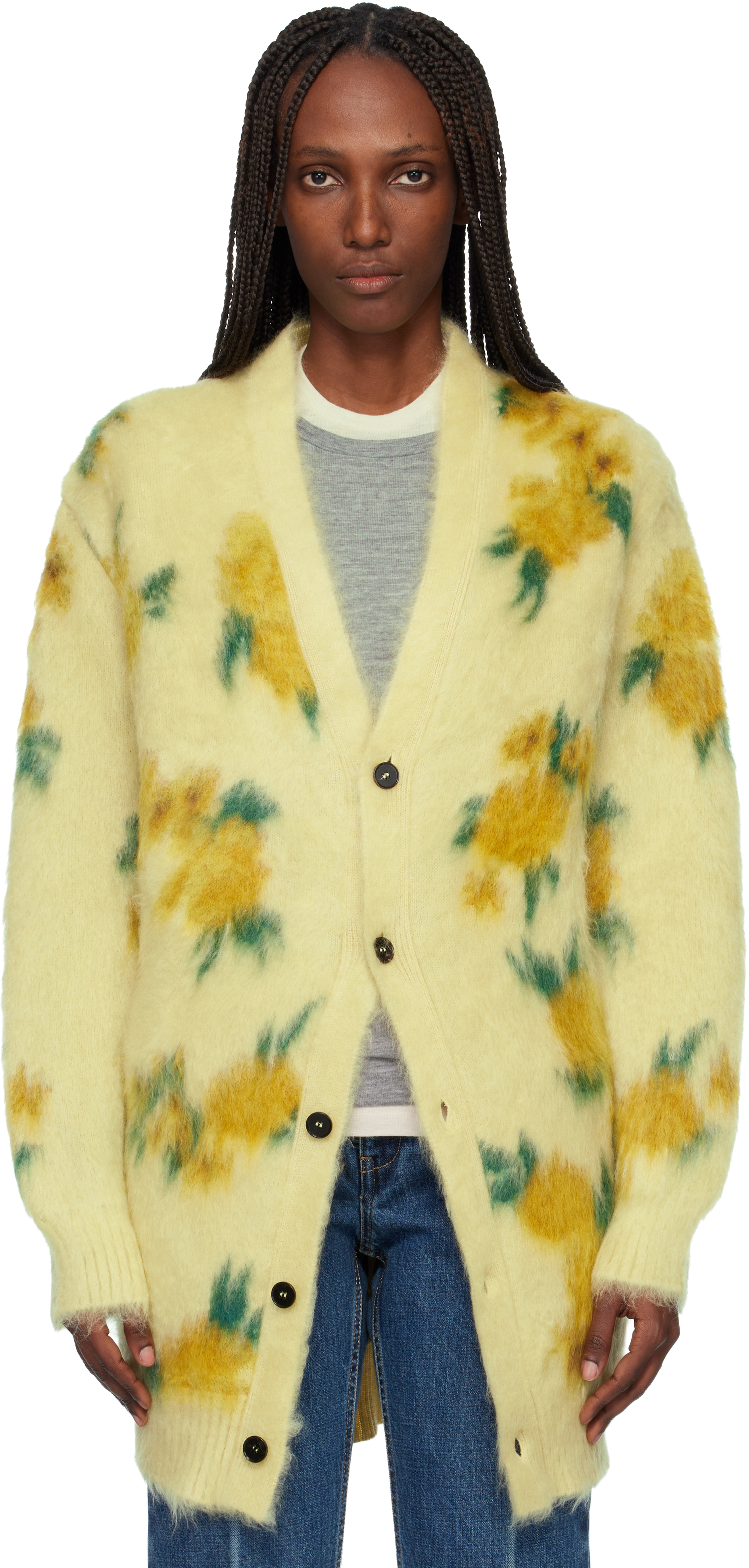 Jil Sander Yellow Mohair Silk Floral Knit Cardigan In Animal Print