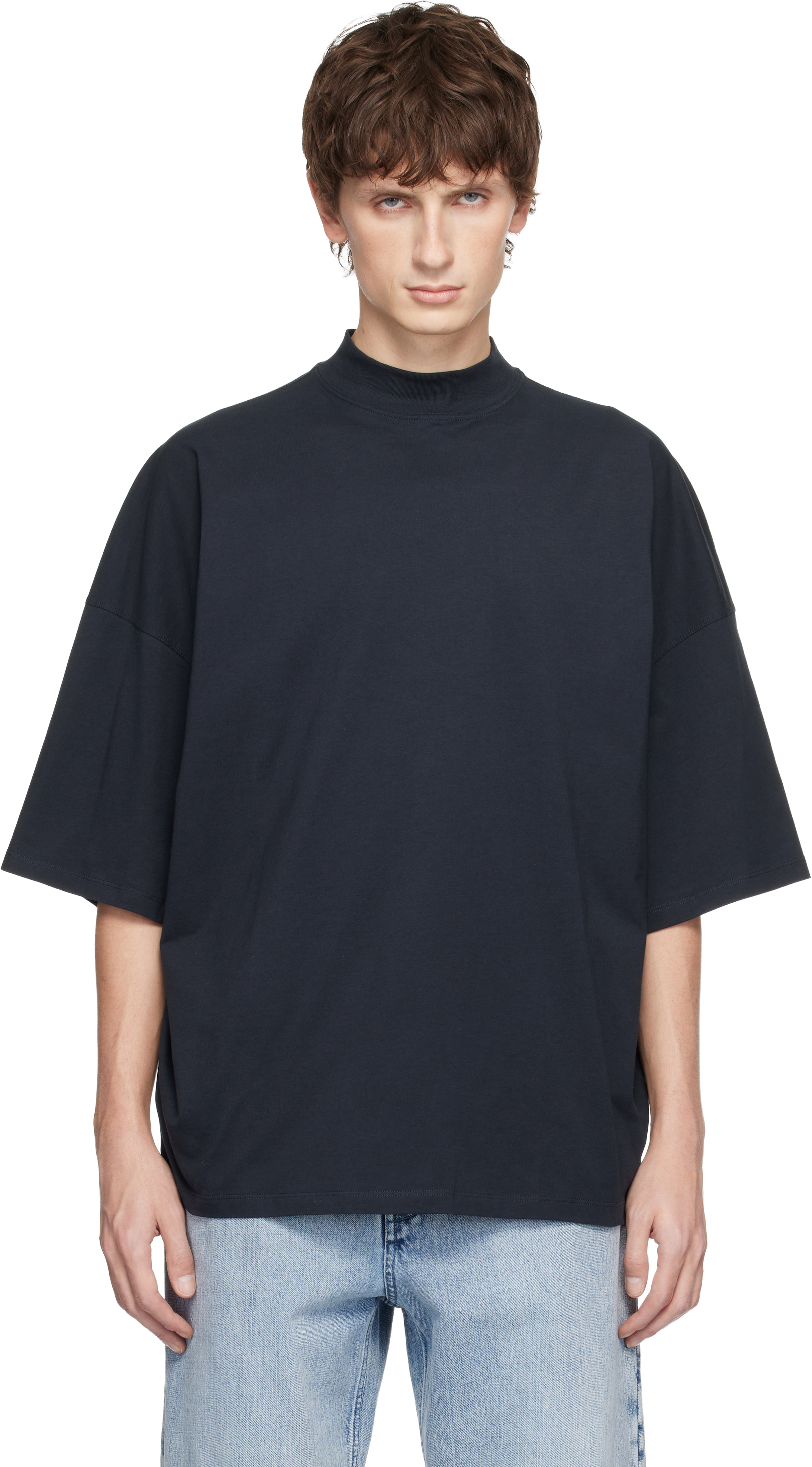Jil Sander: ネイビー コットン モックネック Tシャツ | SSENSE 日本