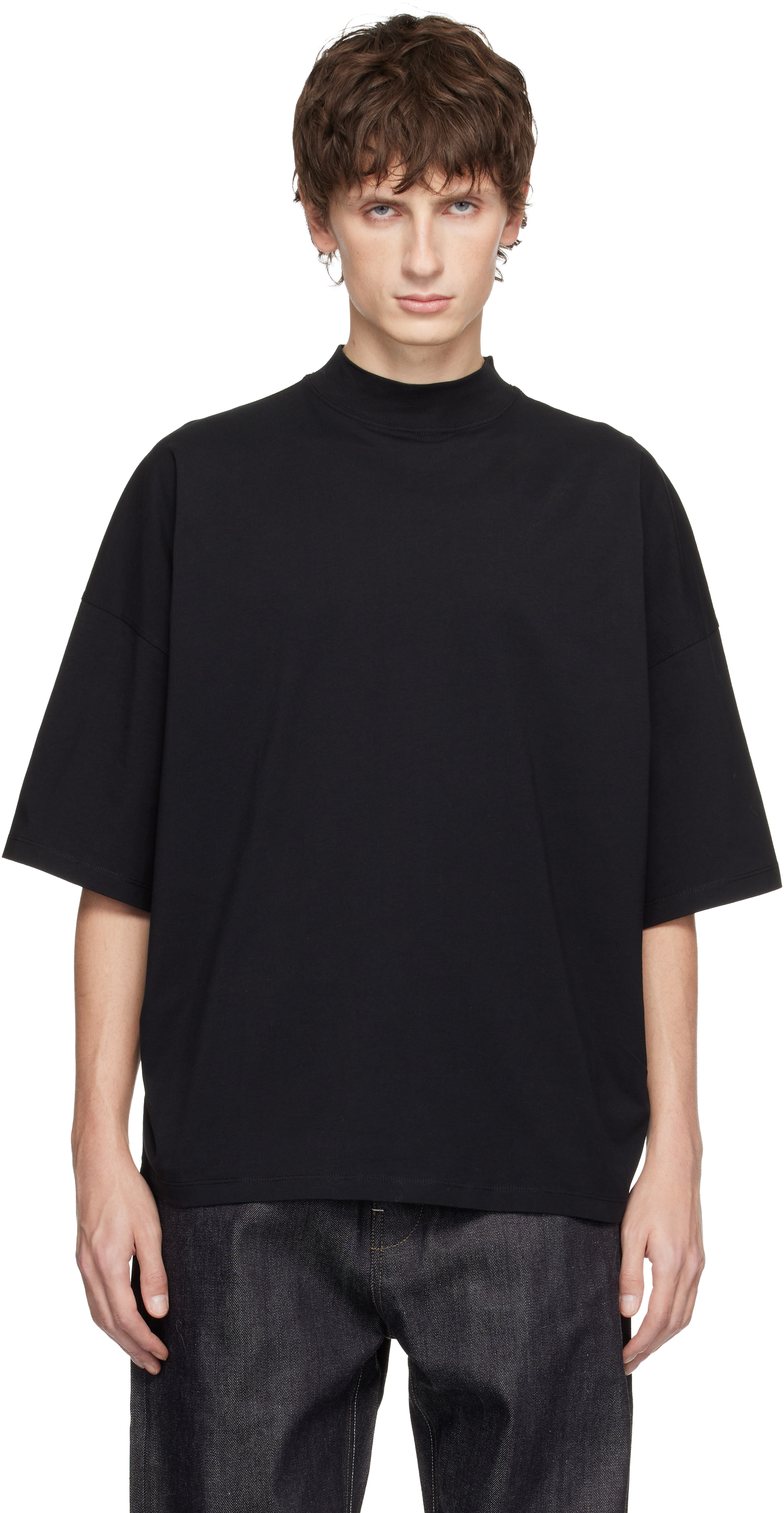 Jil Sander: ブラック コットン モックネック Tシャツ | SSENSE 日本