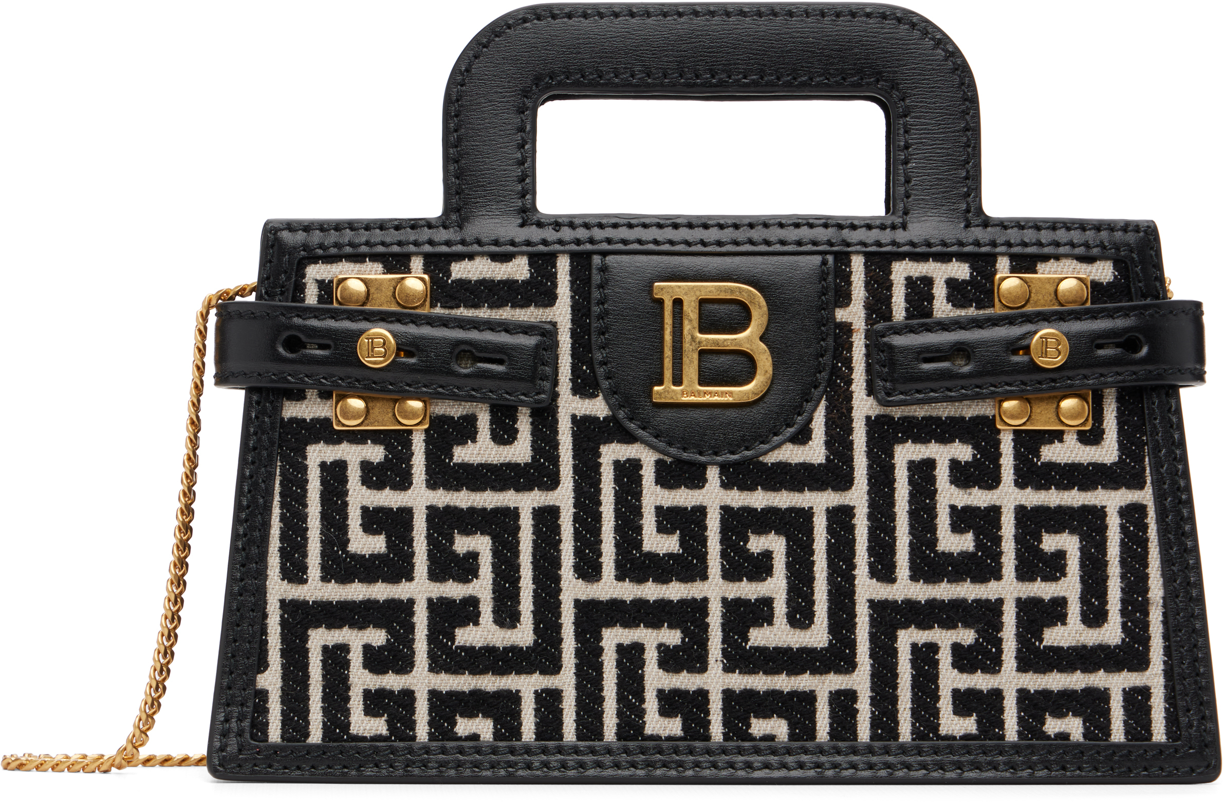 Balmain B-buzz Small Top Handle Monogrammed Canvas And Leather Bag