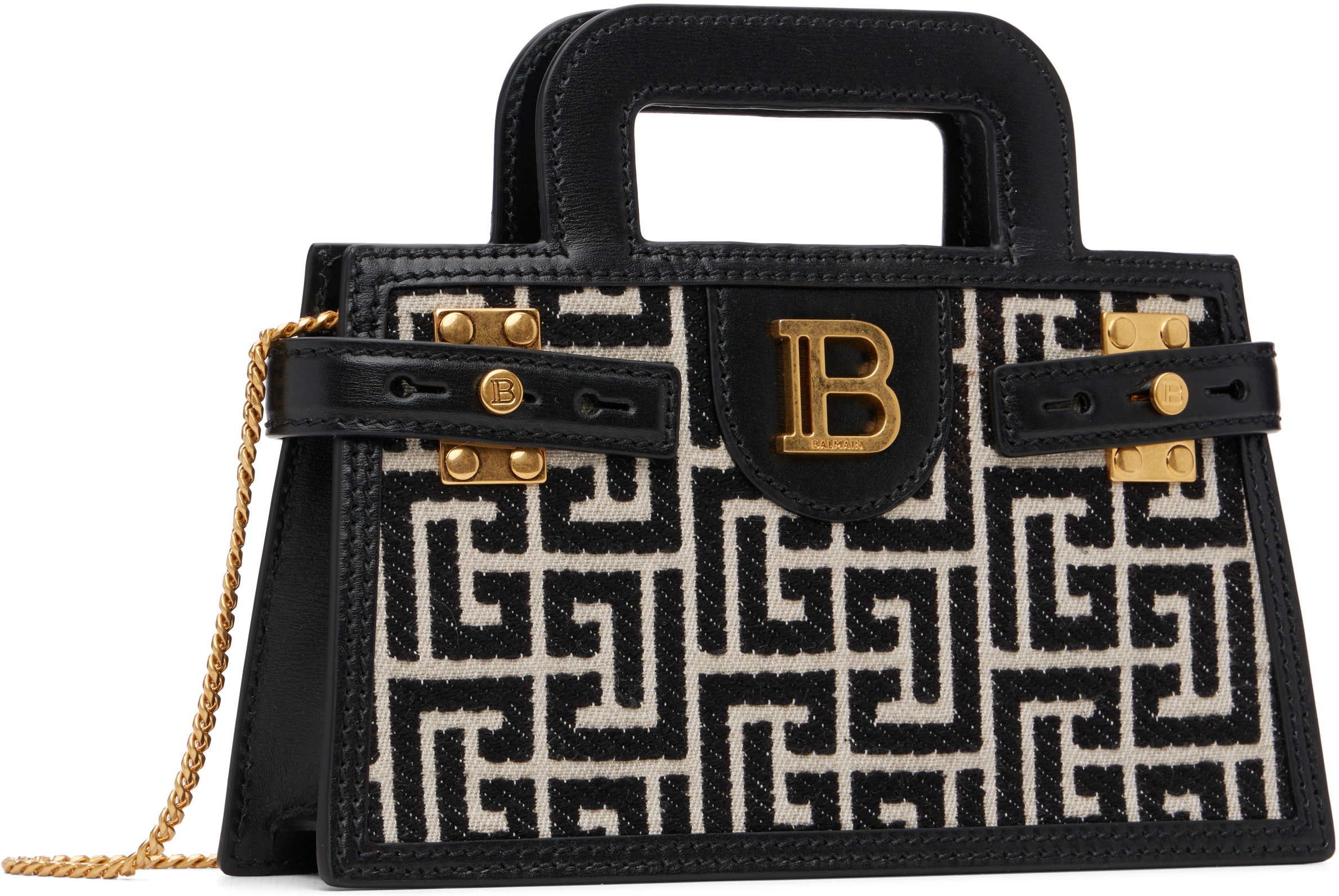 Balmain B-buzz Small Top Handle Monogrammed Canvas And Leather Bag