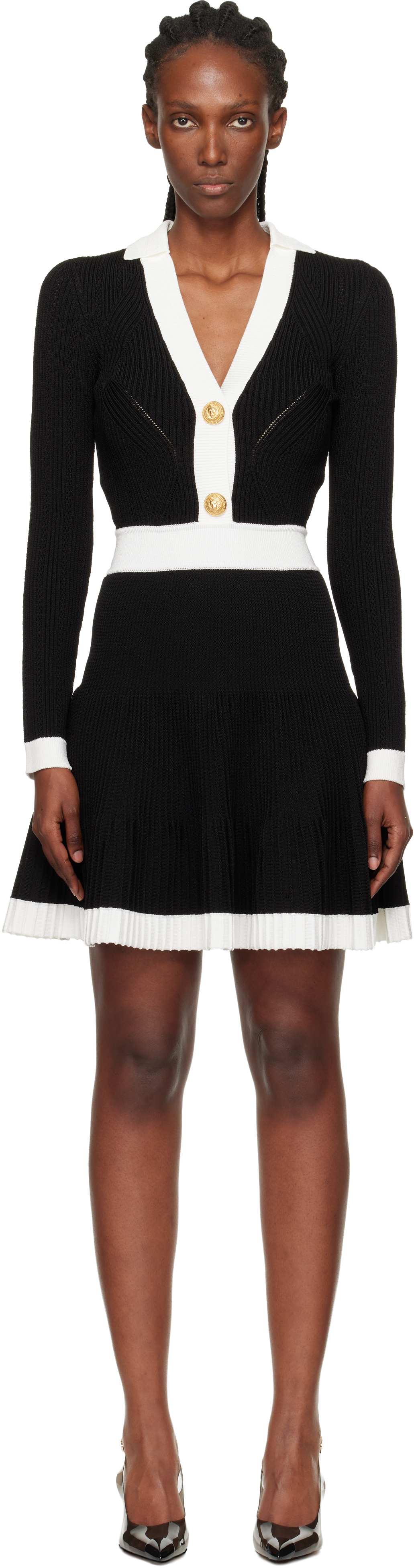 Balmain Black & White Pointelle Minidress In Black