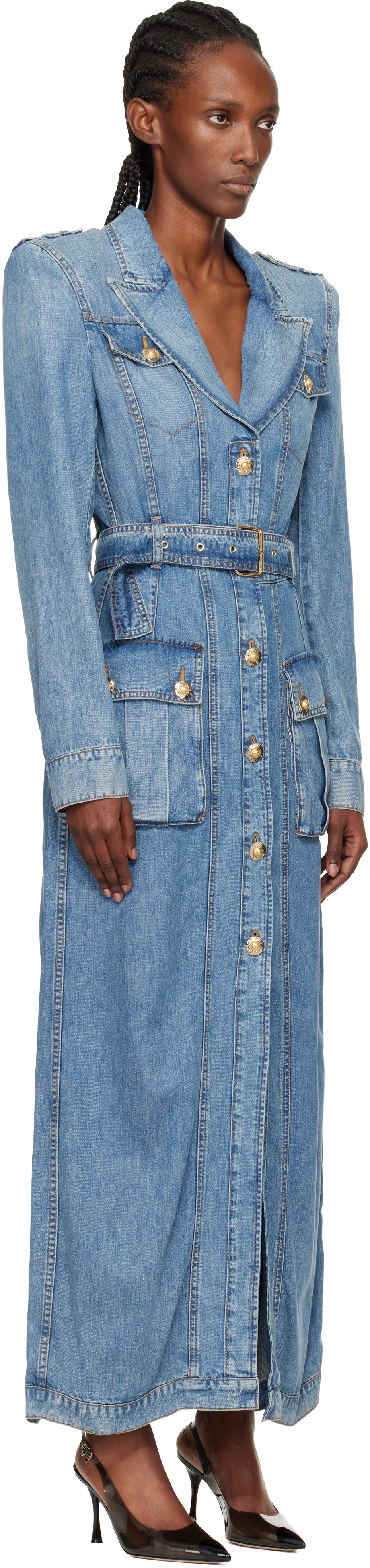 Balmain Blue Belted Long Denim Coat In Blue