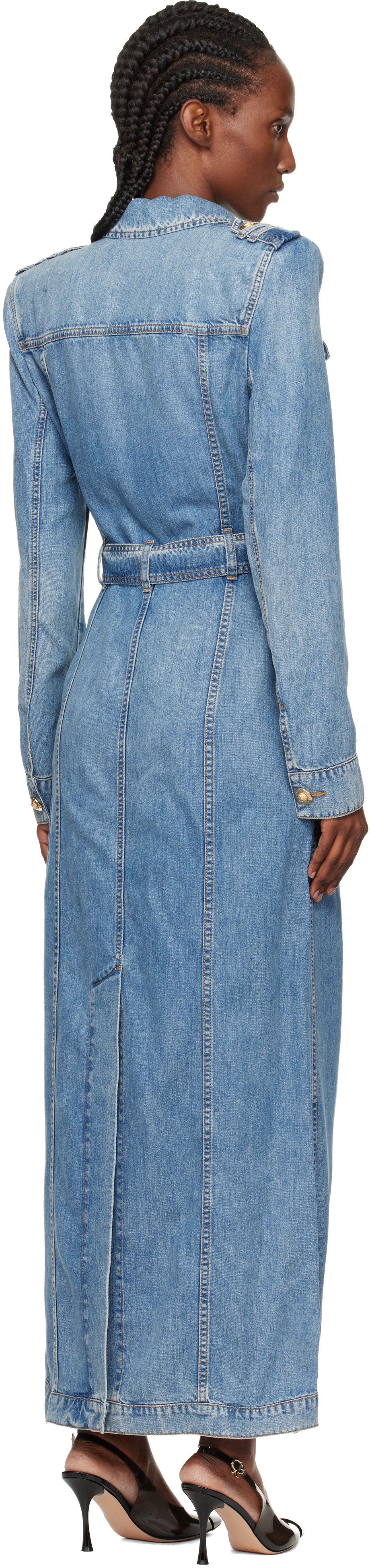 Balmain Blue Belted Long Denim Coat In Blue