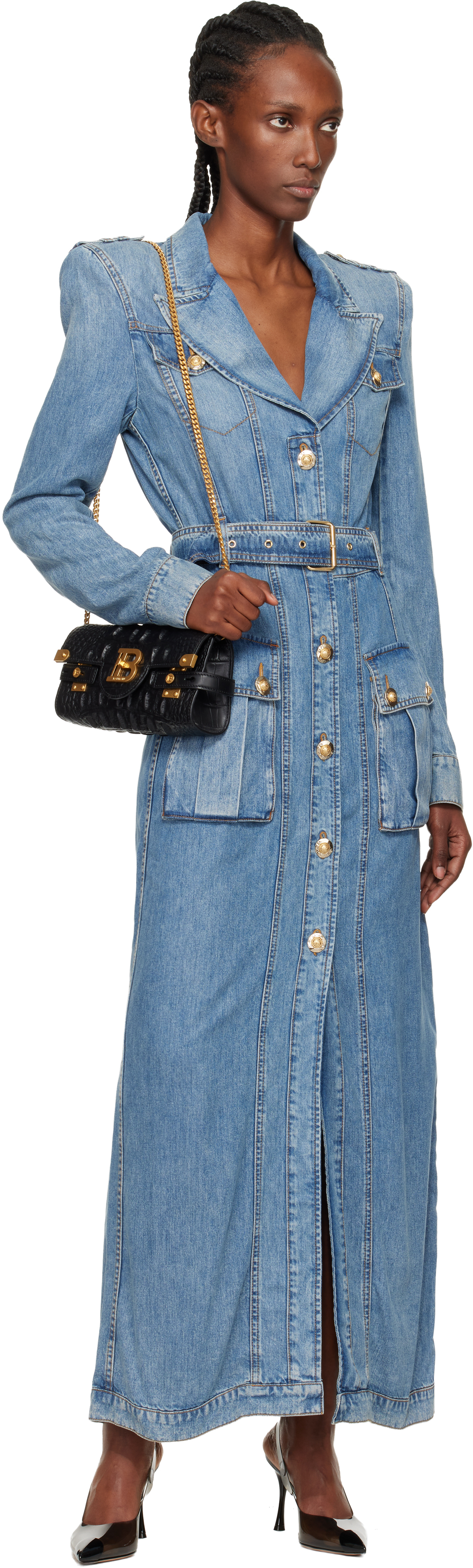 Balmain Blue Belted Long Denim Coat In Blue