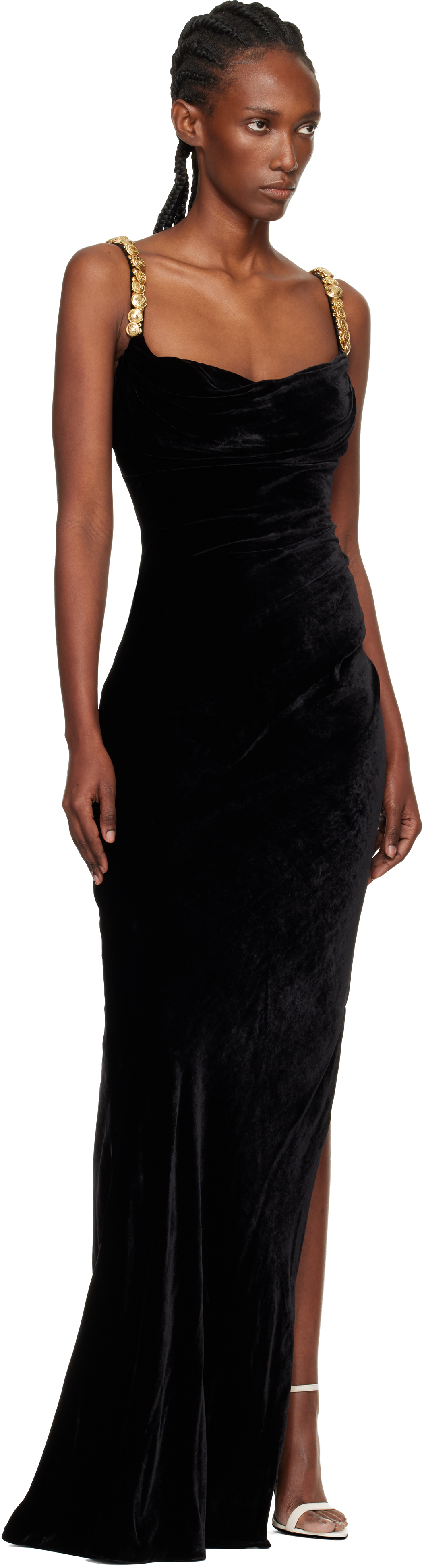 Balmain Black Embroidered Button Velvet Slit Maxi Dress In Black