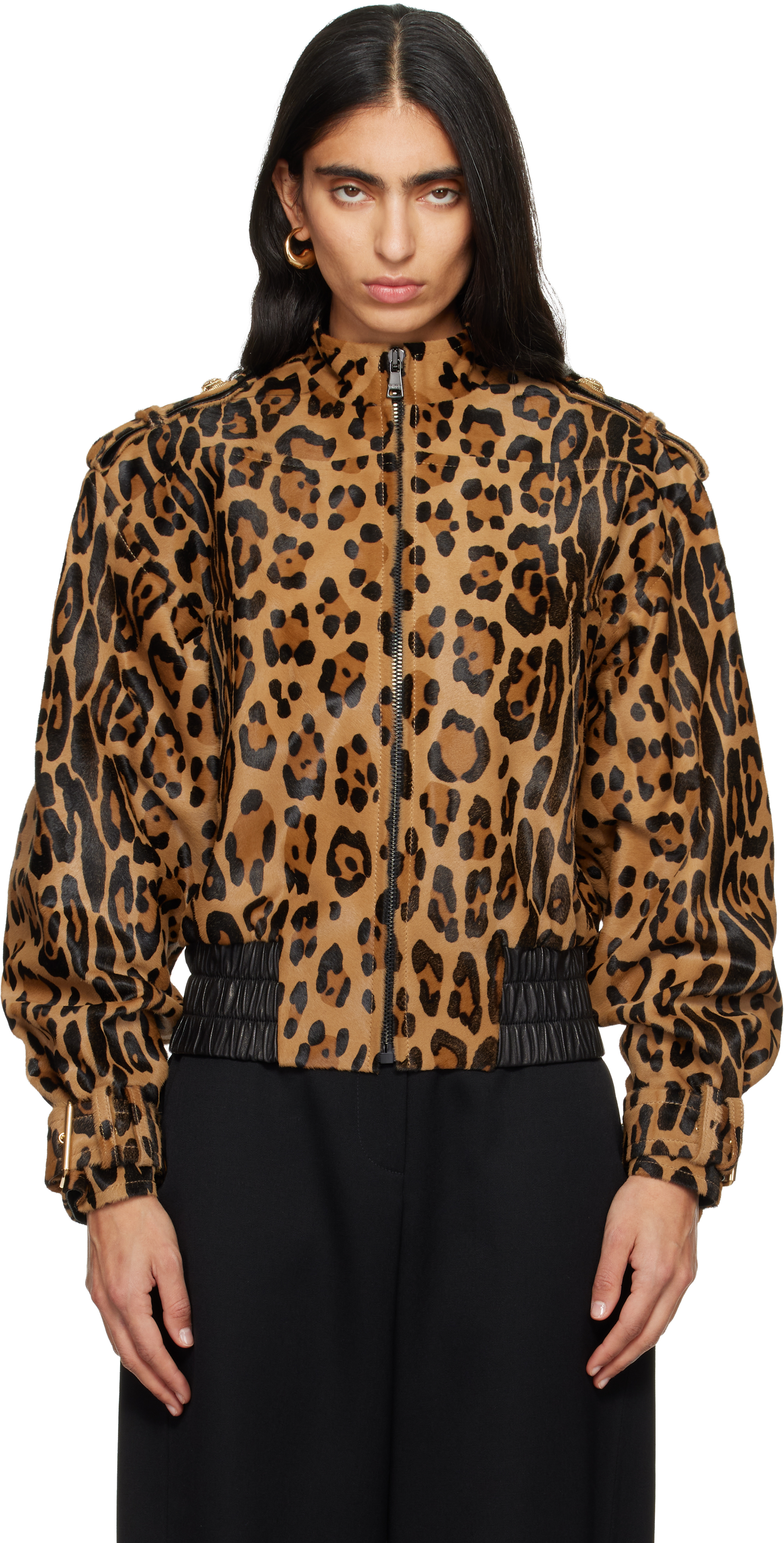 Balmain Ponyskin-style Leather Bomber Jacket With Leopard Pattern In Brown