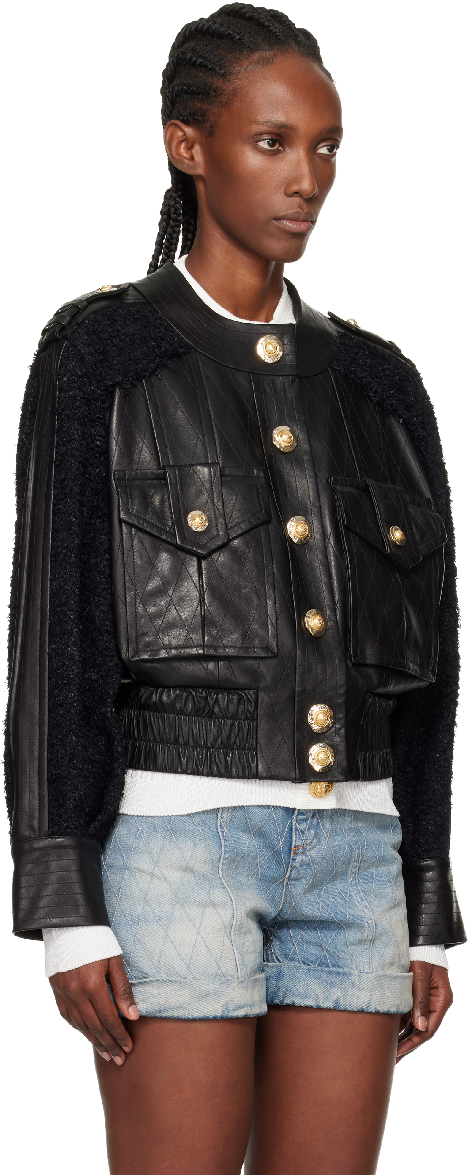 Balmain Black Tweed & Leather Bomber Jacket In Black
