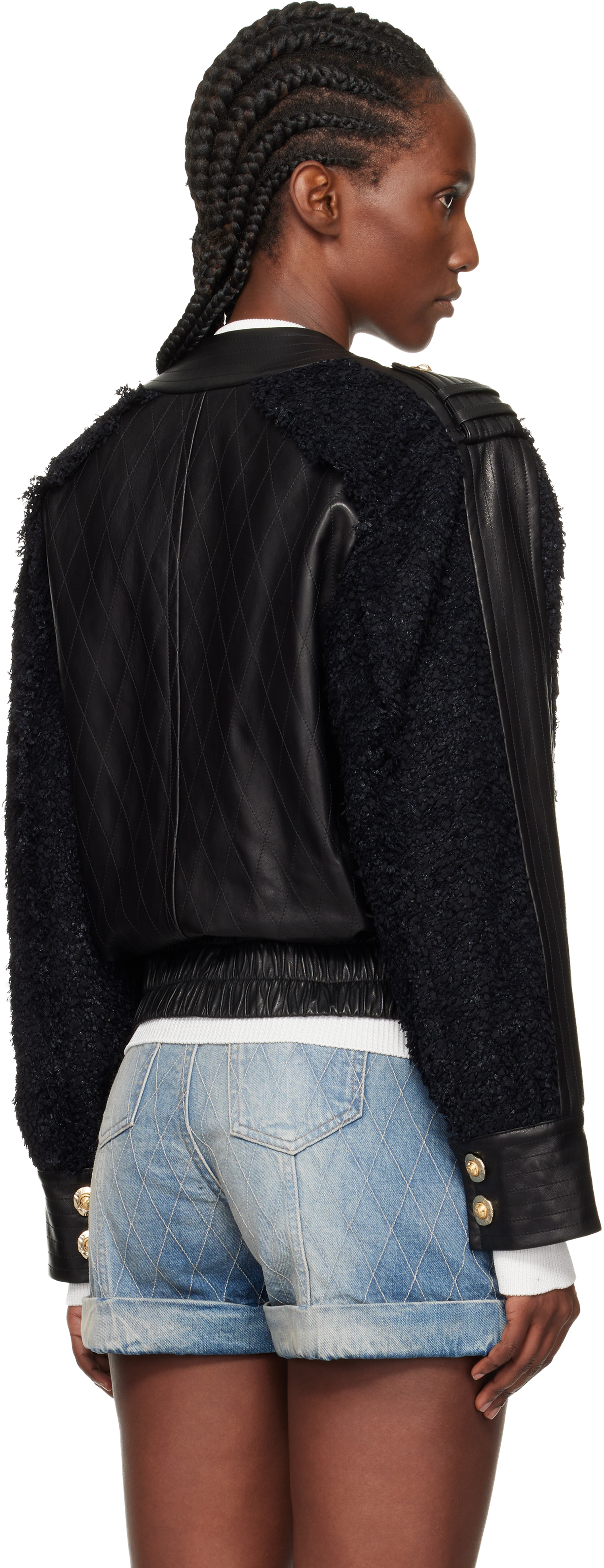 Balmain Black Tweed & Leather Bomber Jacket In Black