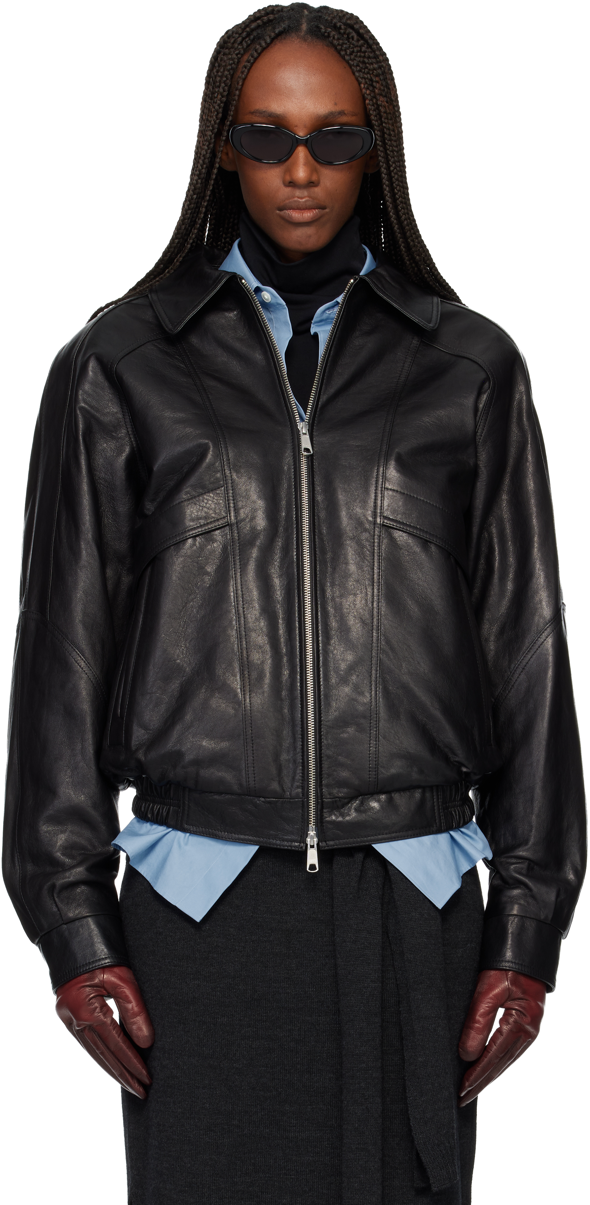 Black Vegetable Tanned Lamb Leather Zip Jacket by TONYWACK on Sale