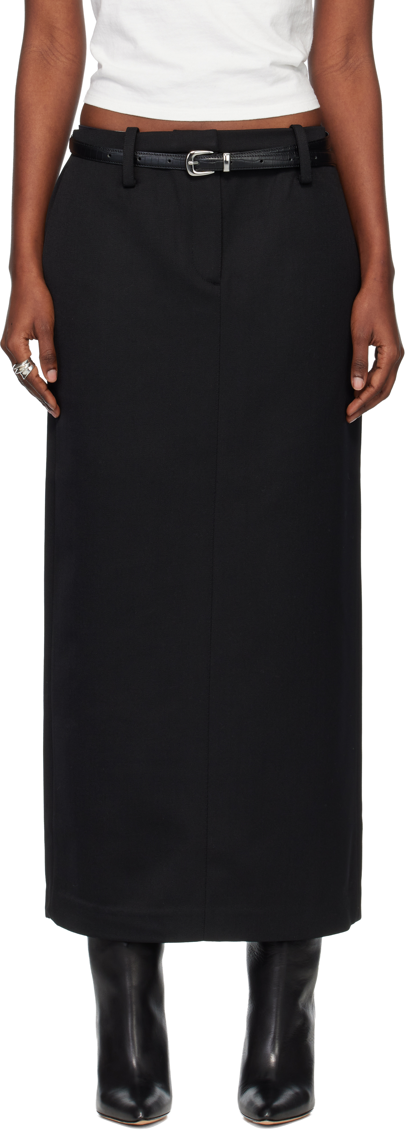Tonywack Black Low-waisted Wool-twill Belted Maxi Skirt