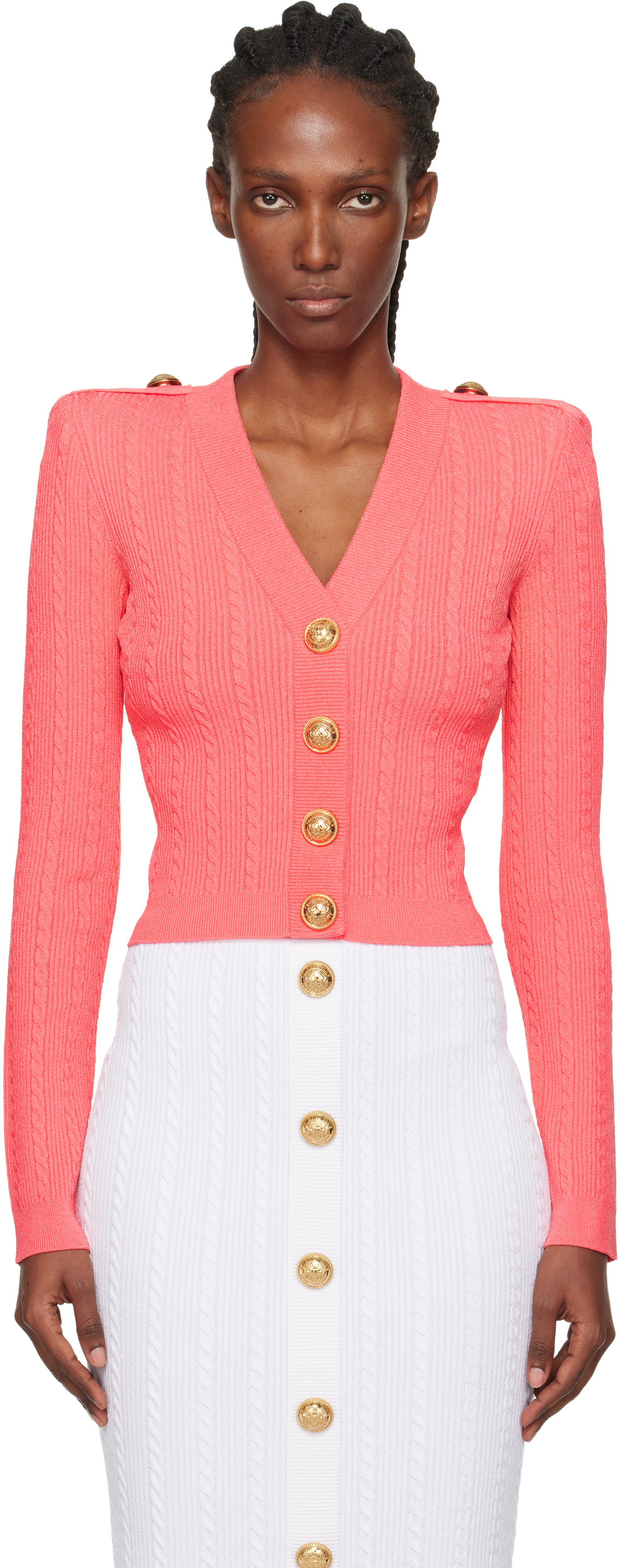 Balmain V Neck Buttoned Cardigan In Pink