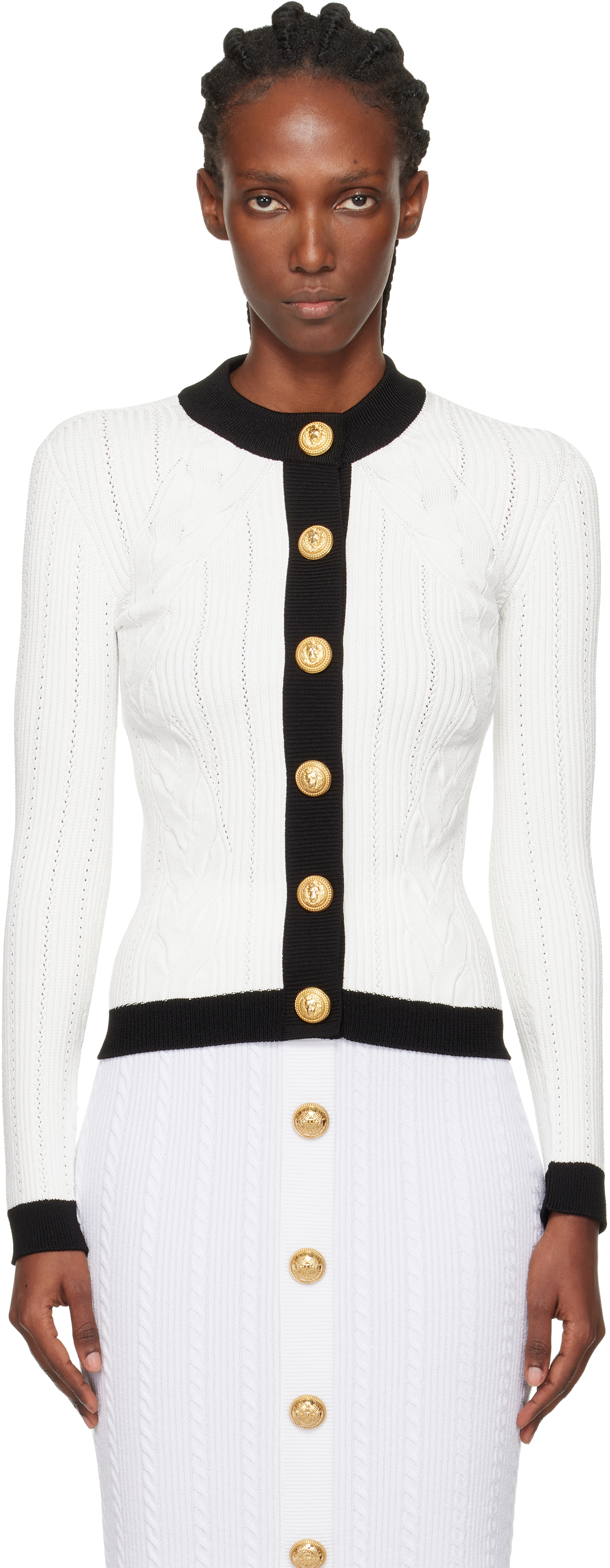 Balmain Bicolor Knit Cardigan With Embossed Buttons In Multi