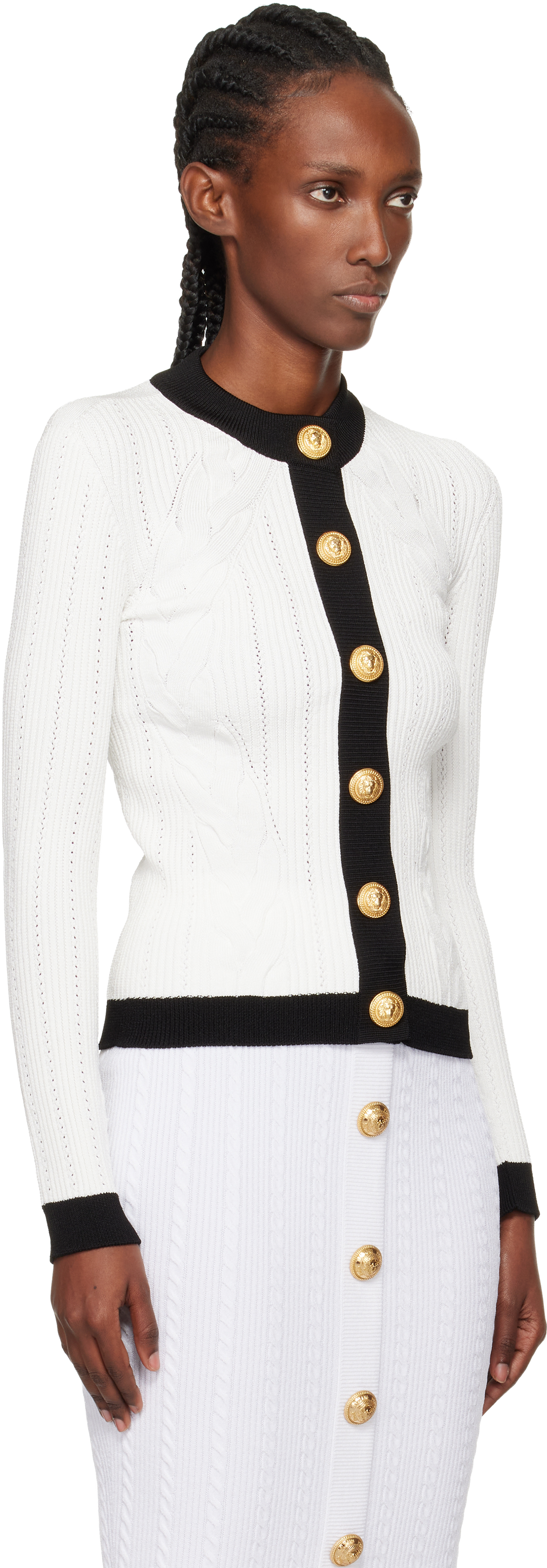 Balmain Bicolor Knit Cardigan With Embossed Buttons In Multi