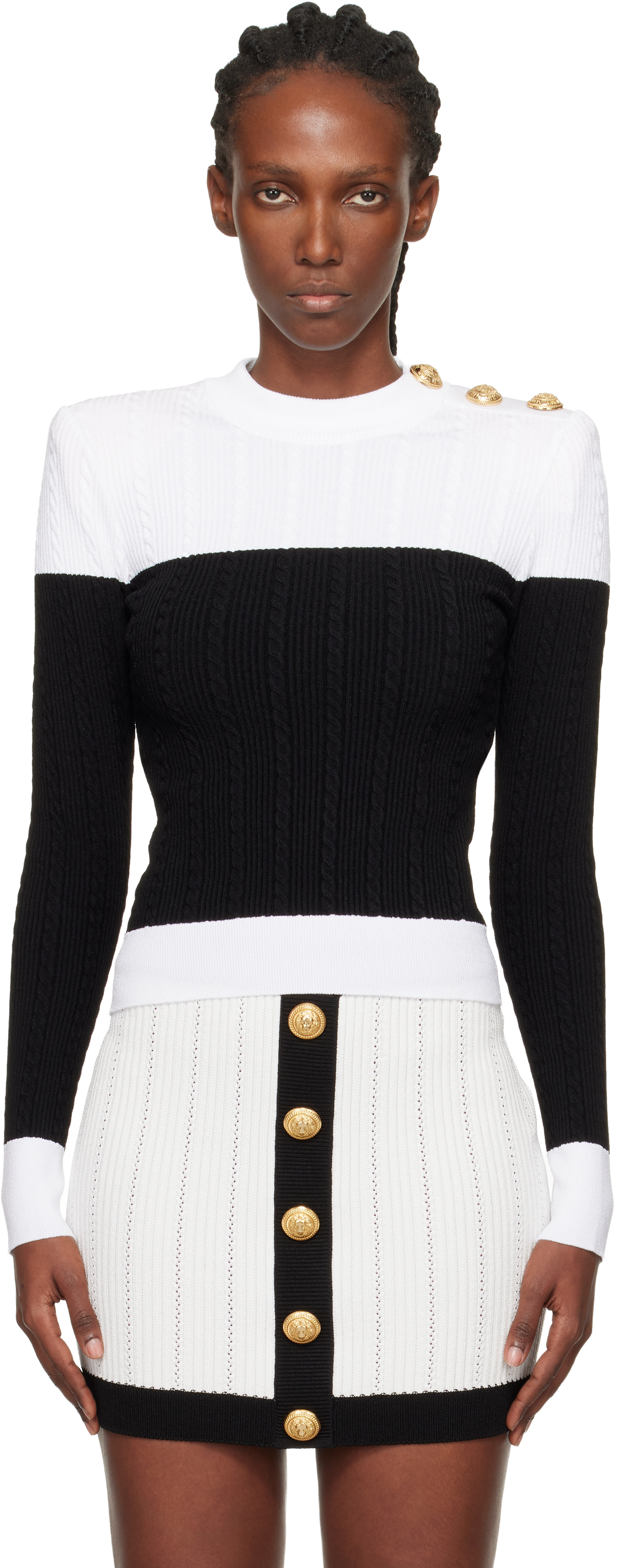 Balmain Long-sleeved Two-tone Knit Top In White