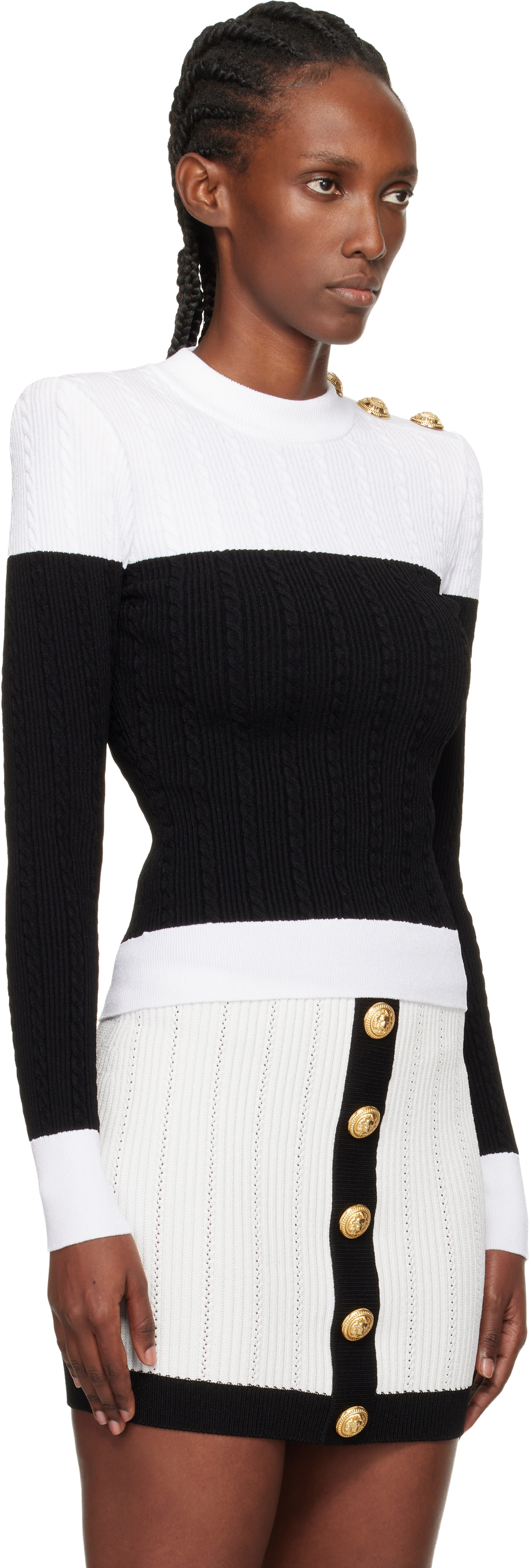 Balmain Long-sleeved Two-tone Knit Top In White