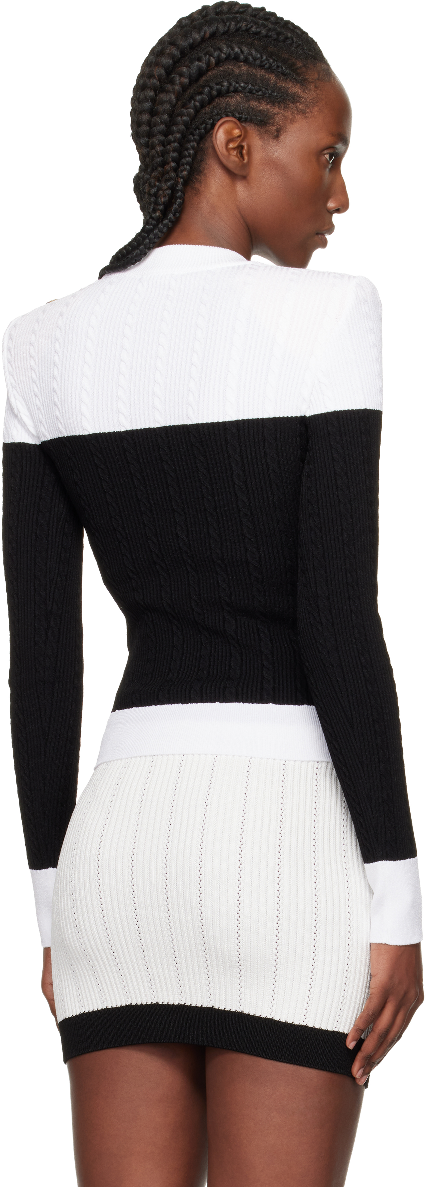 Balmain Long-sleeved Two-tone Knit Top In White
