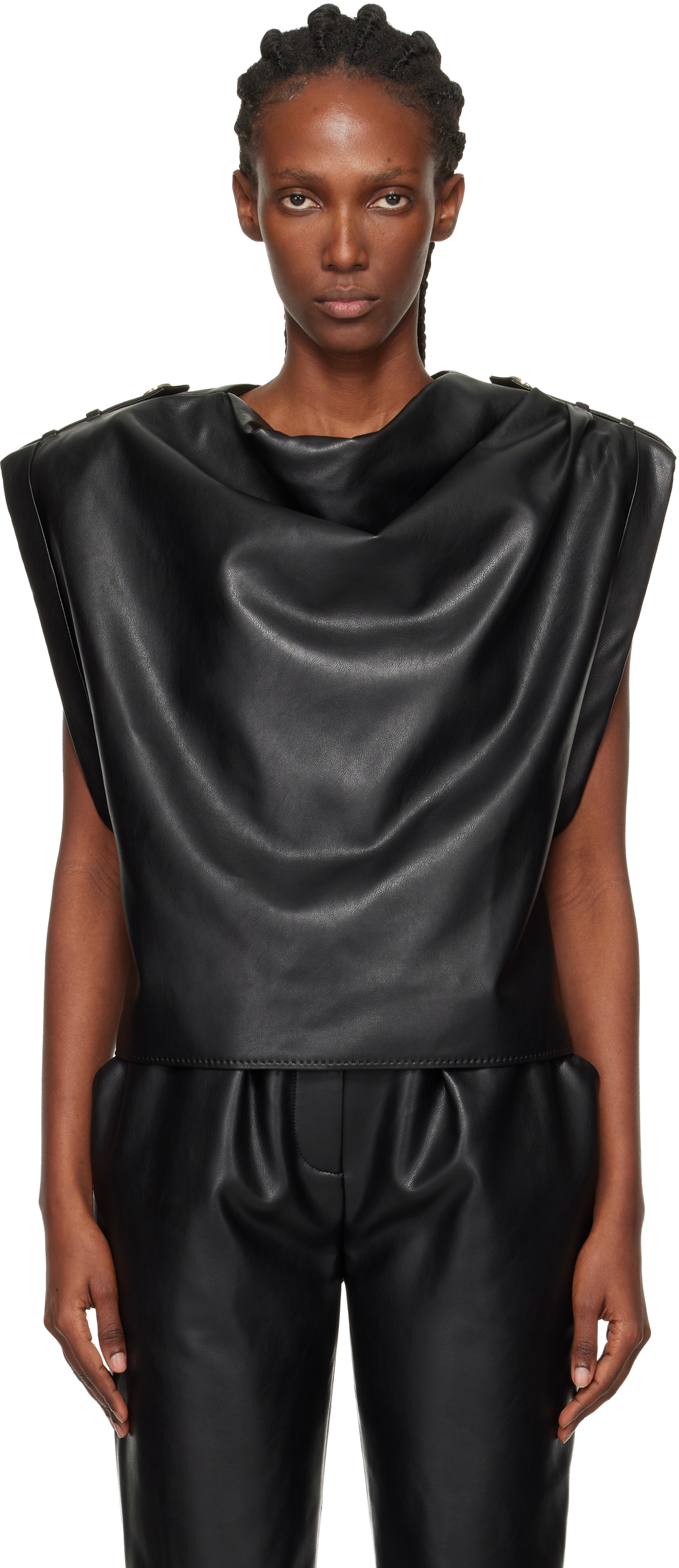 Balmain Cropped Eco-leather Draped Top In Black