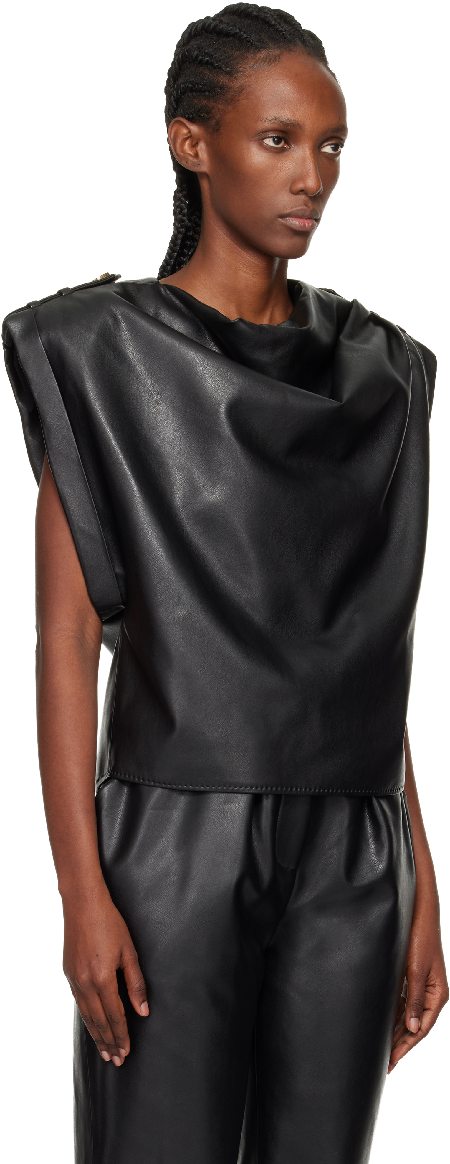 Balmain Cropped Eco-leather Draped Top In Black