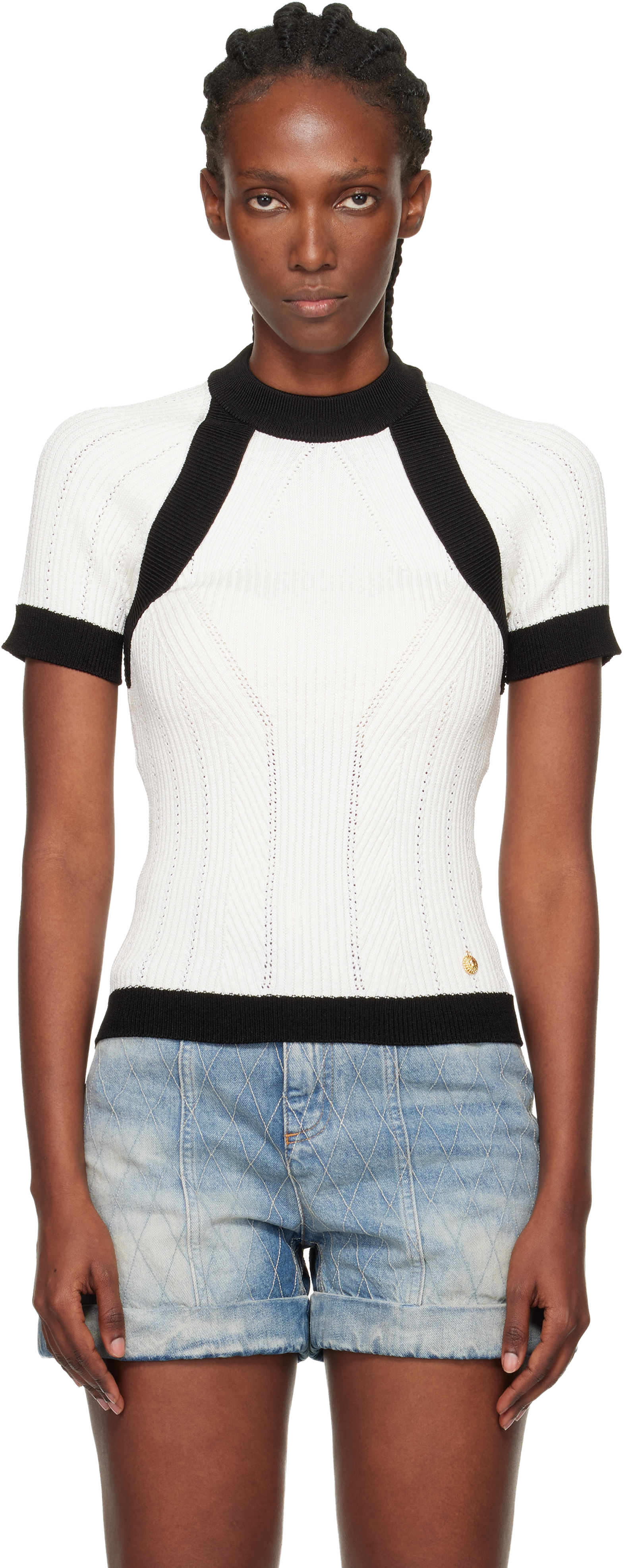 White & Black Short-Sleeved Knit Top by BALMAIN on Sale