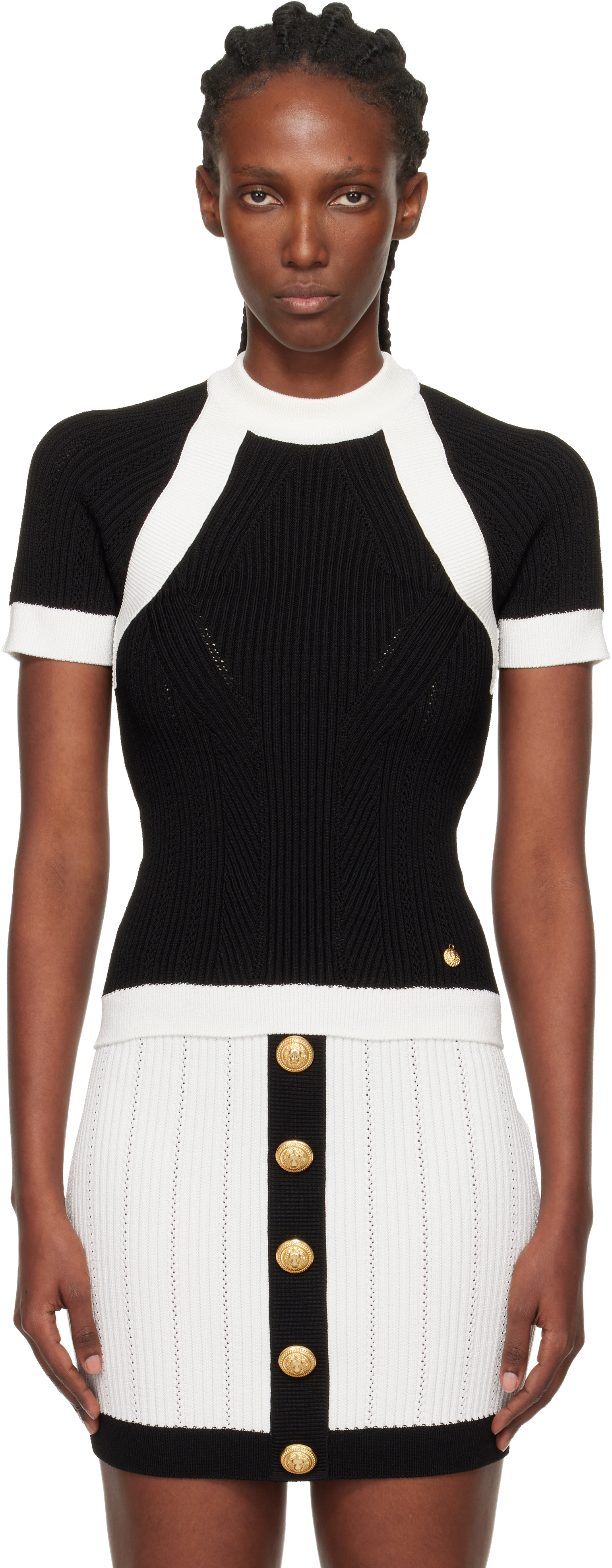 Balmain Ribbed Panelled Knit Top In Black