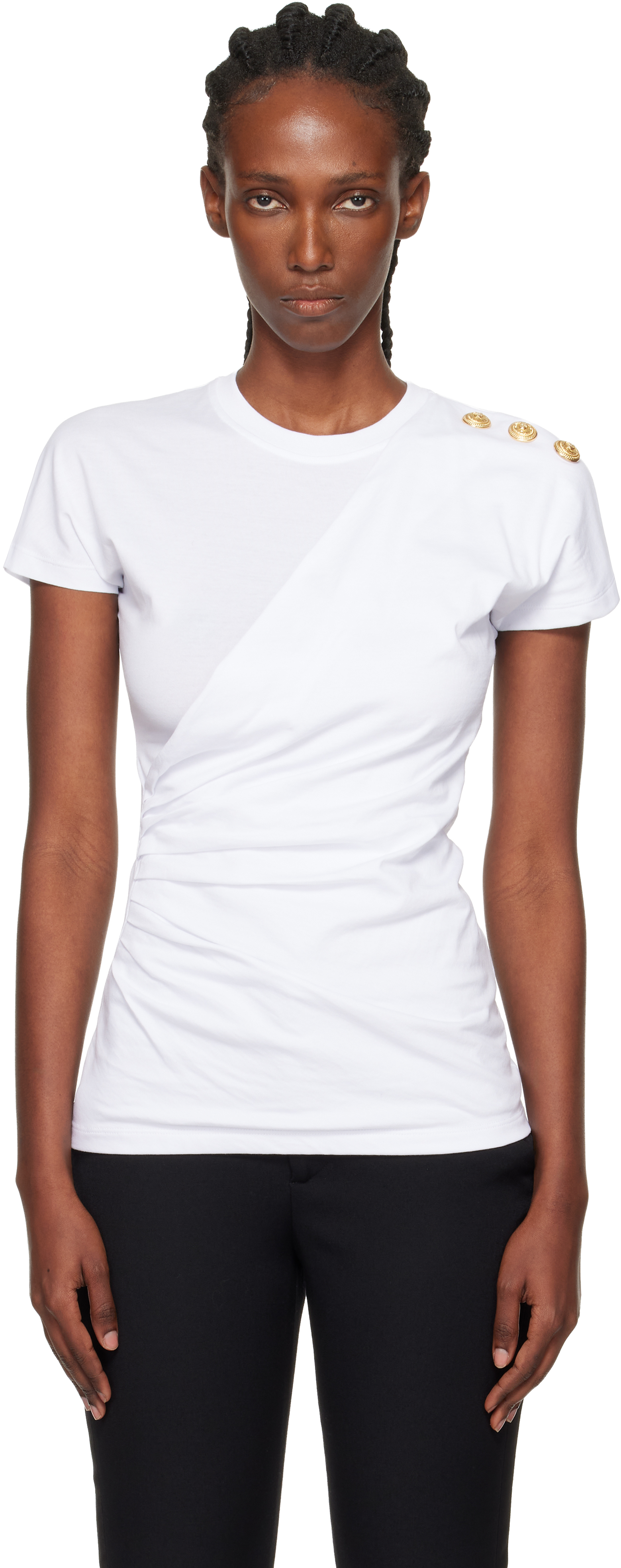 Balmain Cotton T-shirt With Button Detail And Draped Design In White