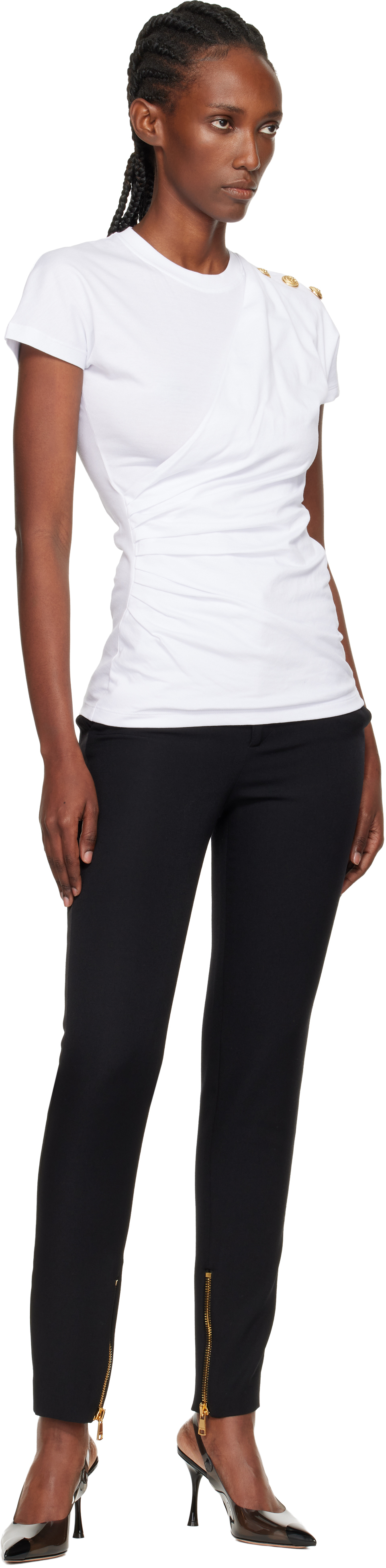 Balmain Cotton T-shirt With Button Detail And Draped Design In White