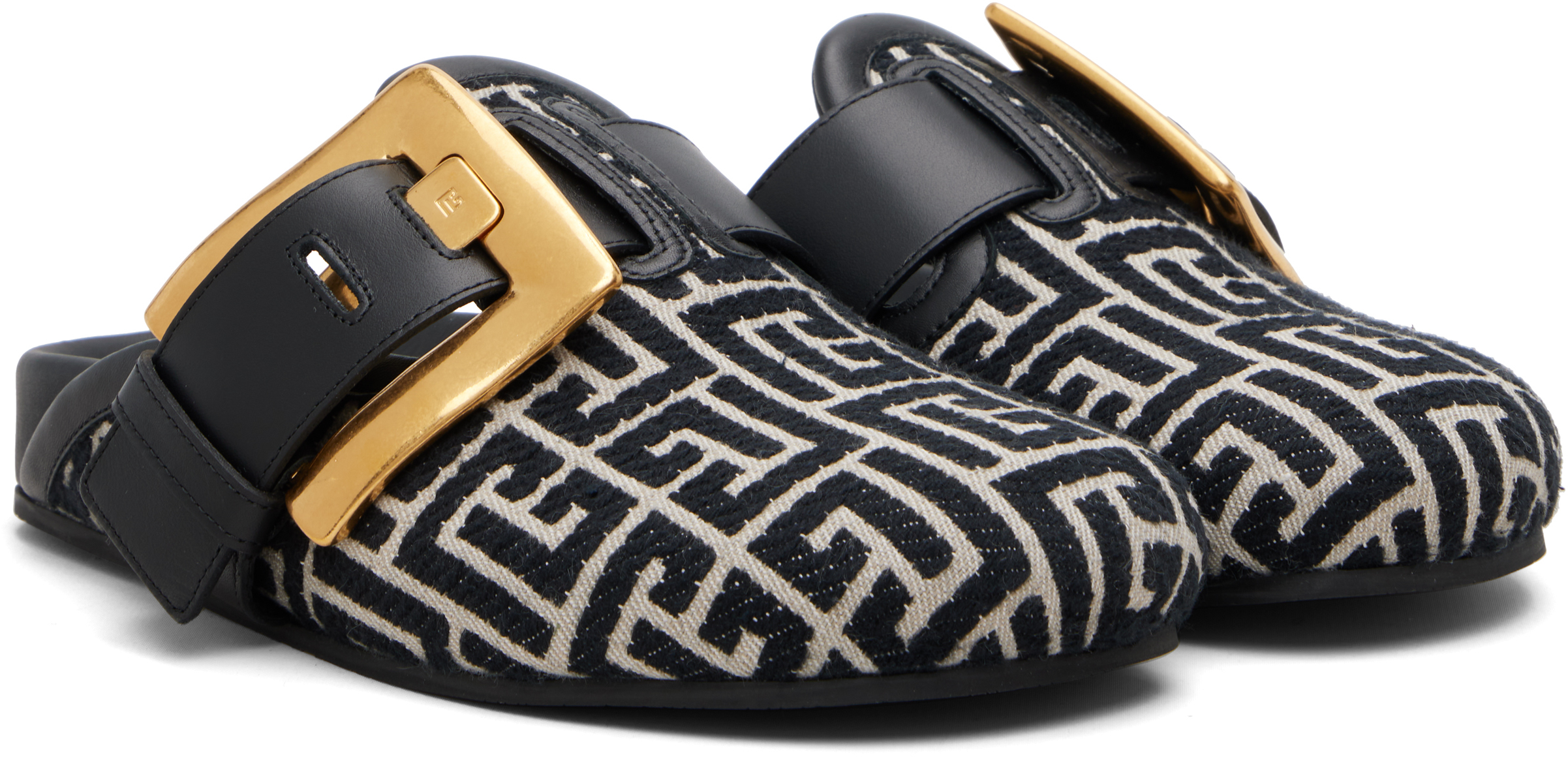 Balmain Black & Beige Anthem Mule Loafers