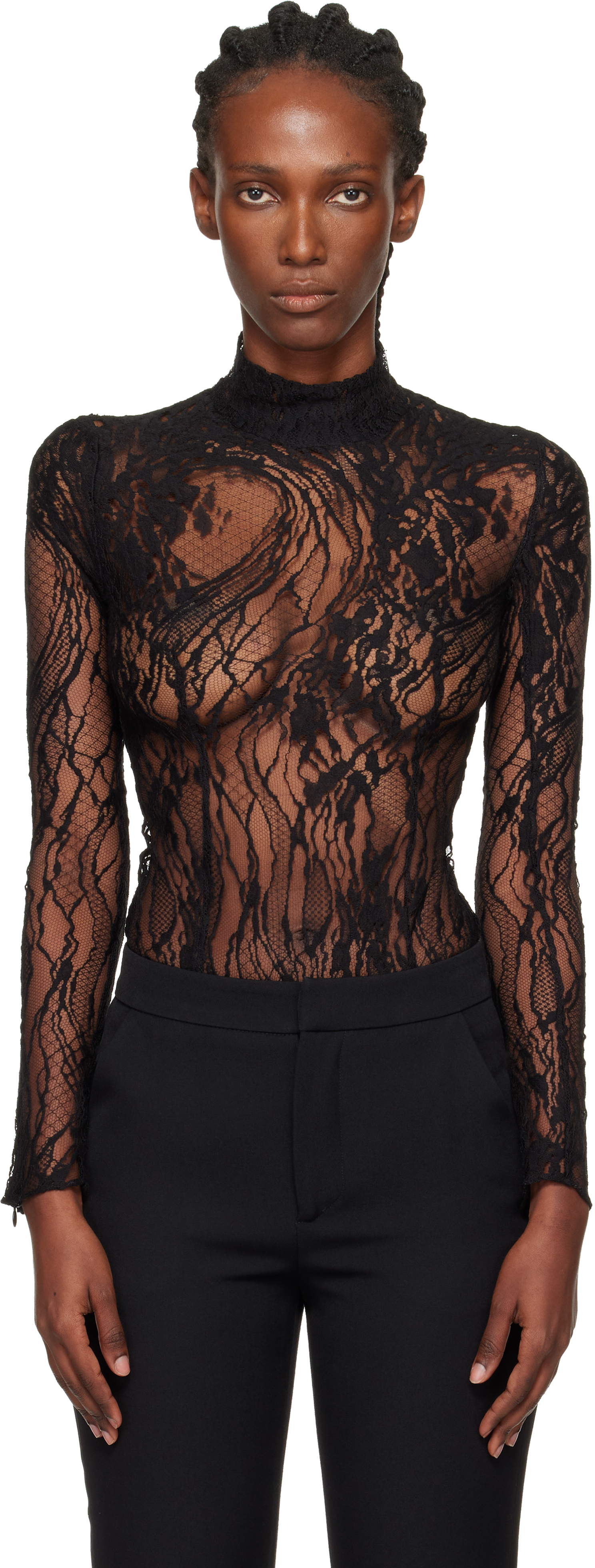 Balmain Black Long-sleeved Lace Bodysuit In Black