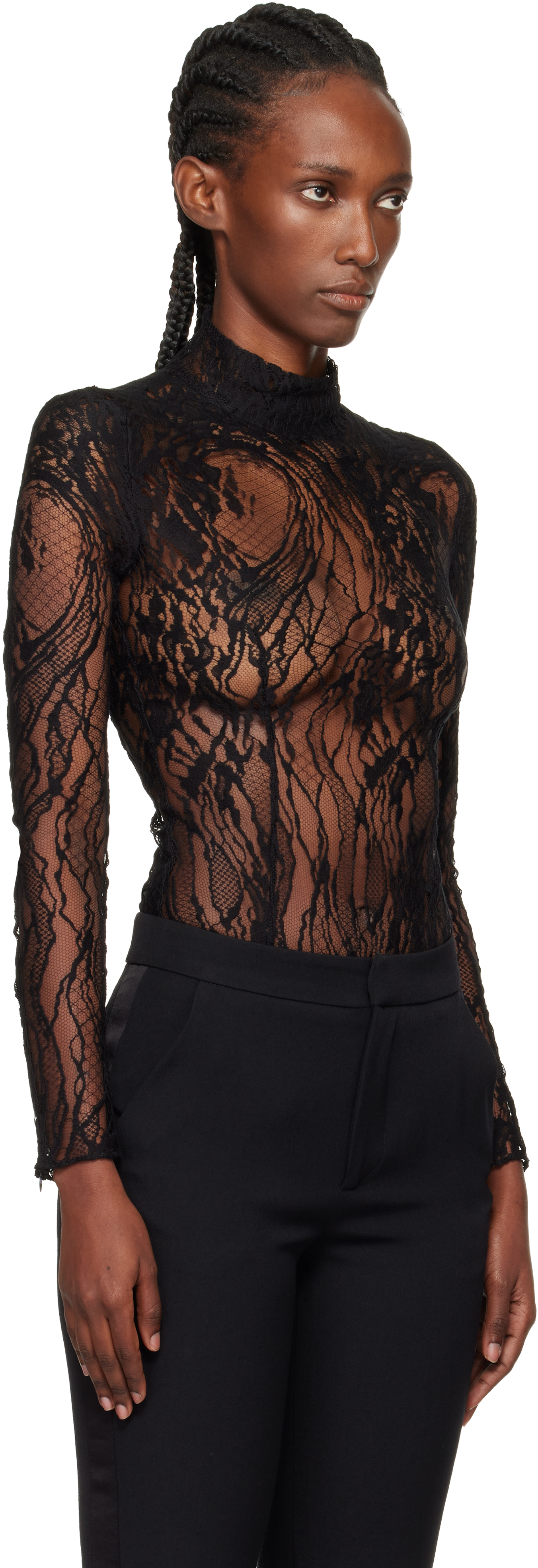 Balmain Black Long-sleeved Lace Bodysuit In Black