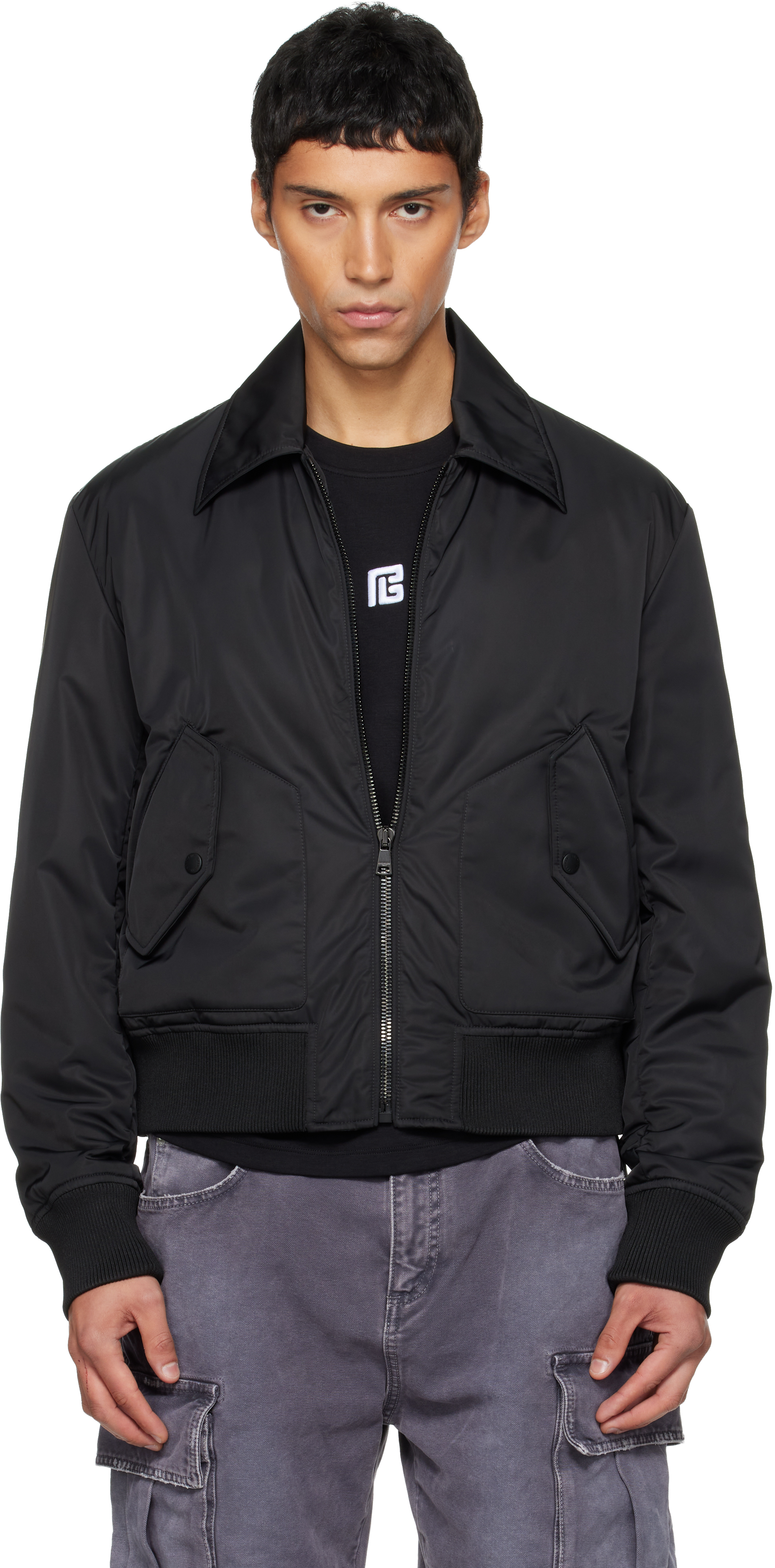 Balmain Black Big Stamp Bomber Jacket In Black